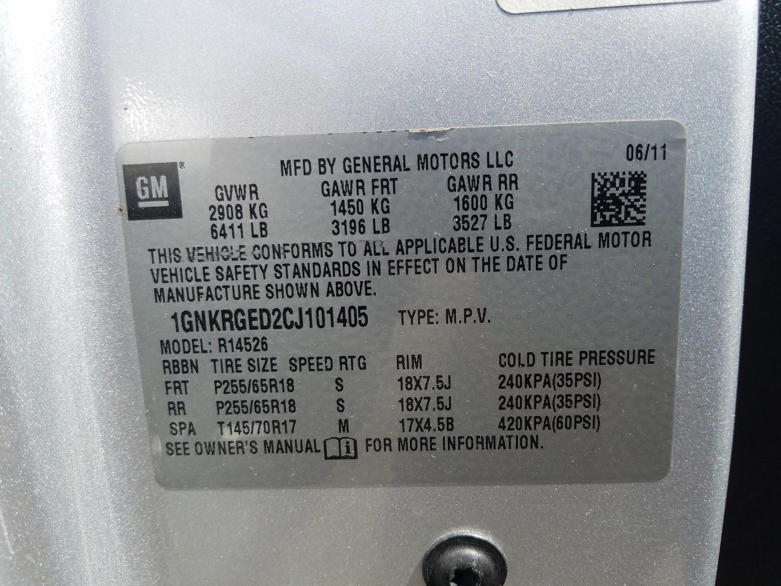 Photo 10 from auction – 2012 CHEVROLET TRAVERSE L with VIN 1GNKRGED2CJ101405