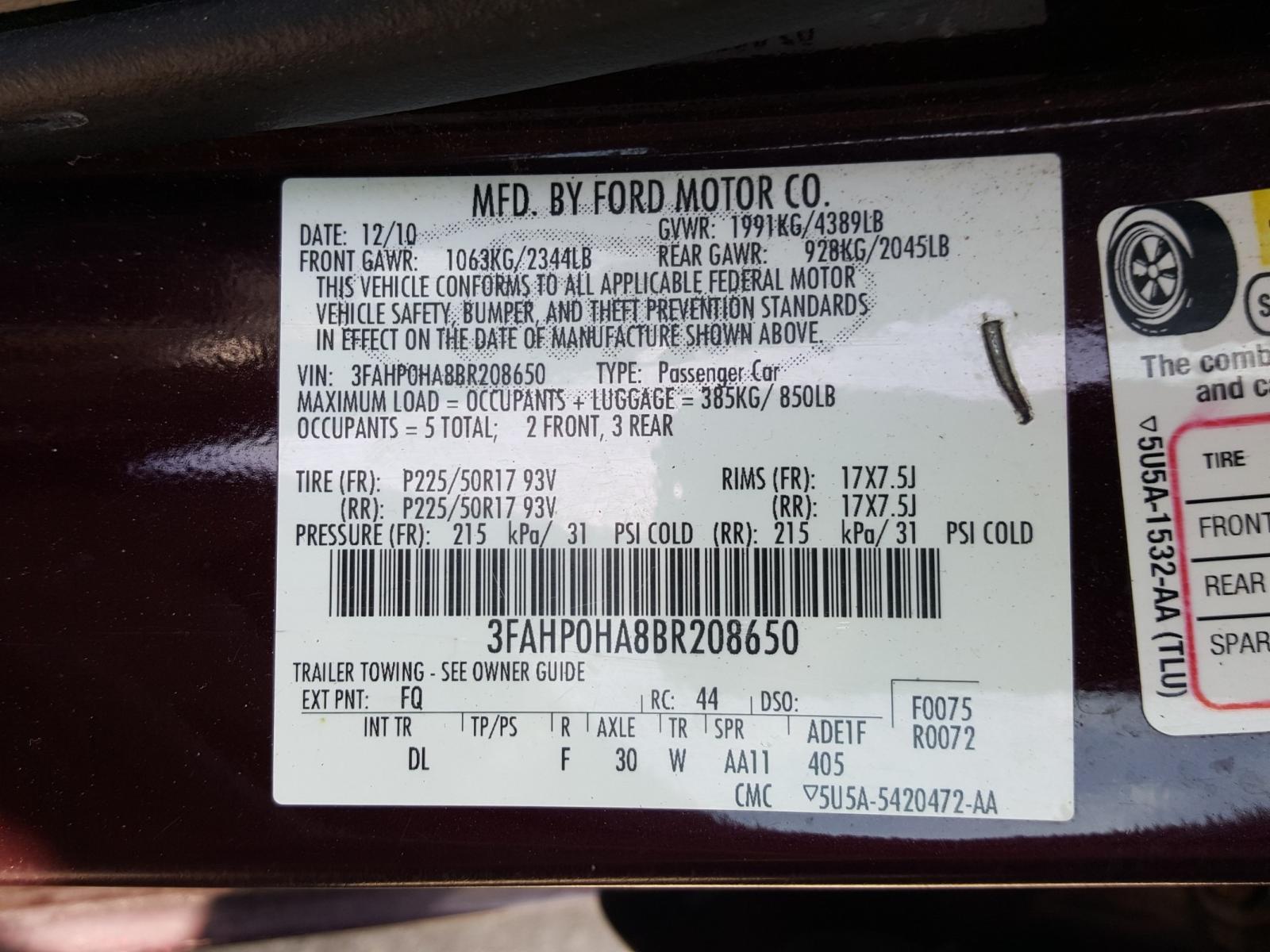 Photo 10 from auction – 2011 FORD FUSION SE with VIN 3FAHP0HA8BR208650