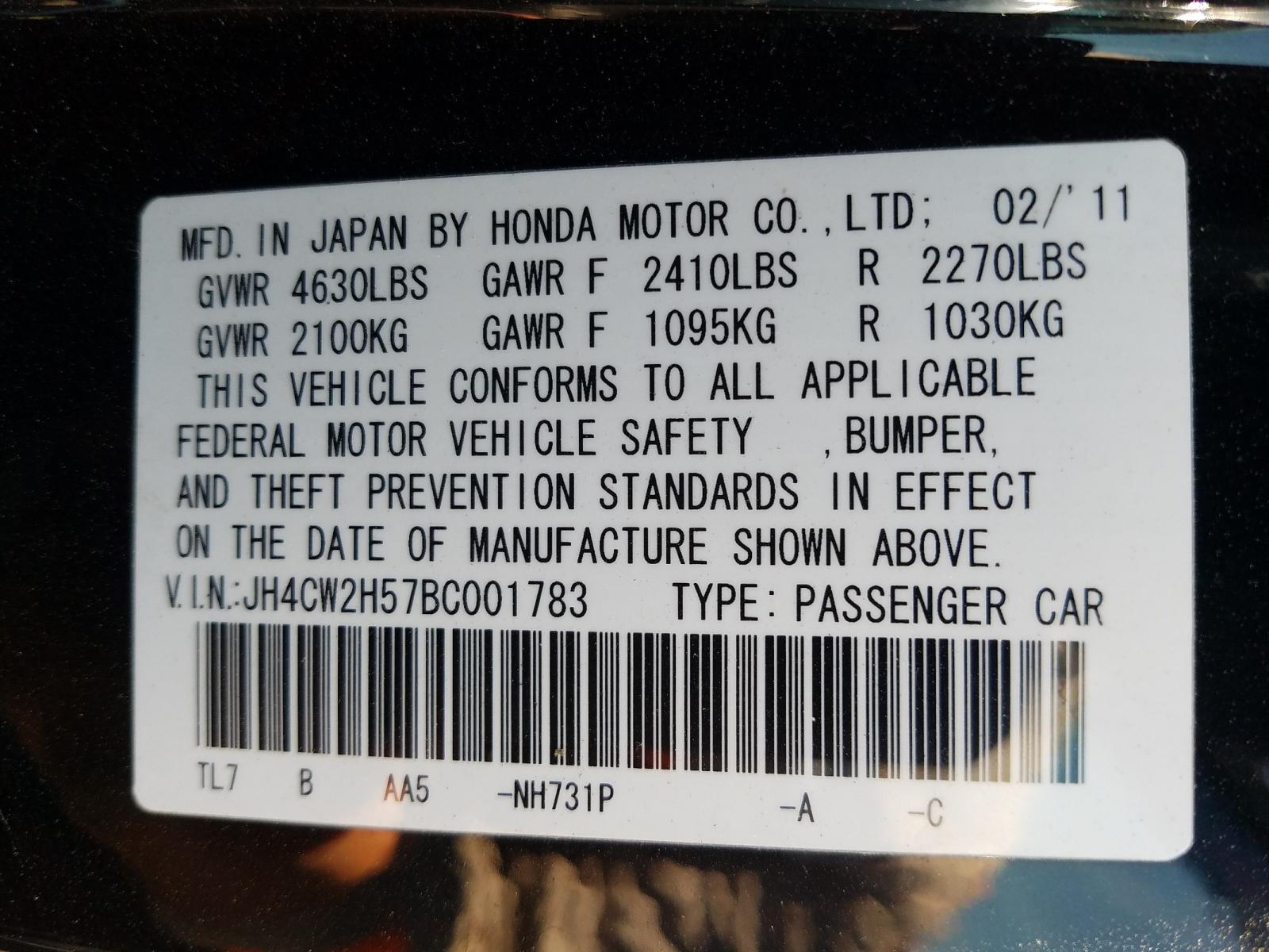 Photo 10 from auction – 2011 ACURA TSX with VIN JH4CW2H57BC001783