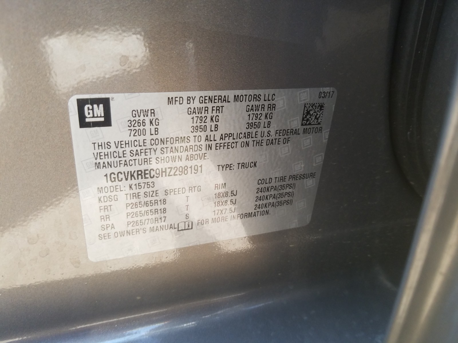 Photo 10 from auction – 2017 CHEVROLET SILVERADO with VIN 1GCVKREC9HZ298191