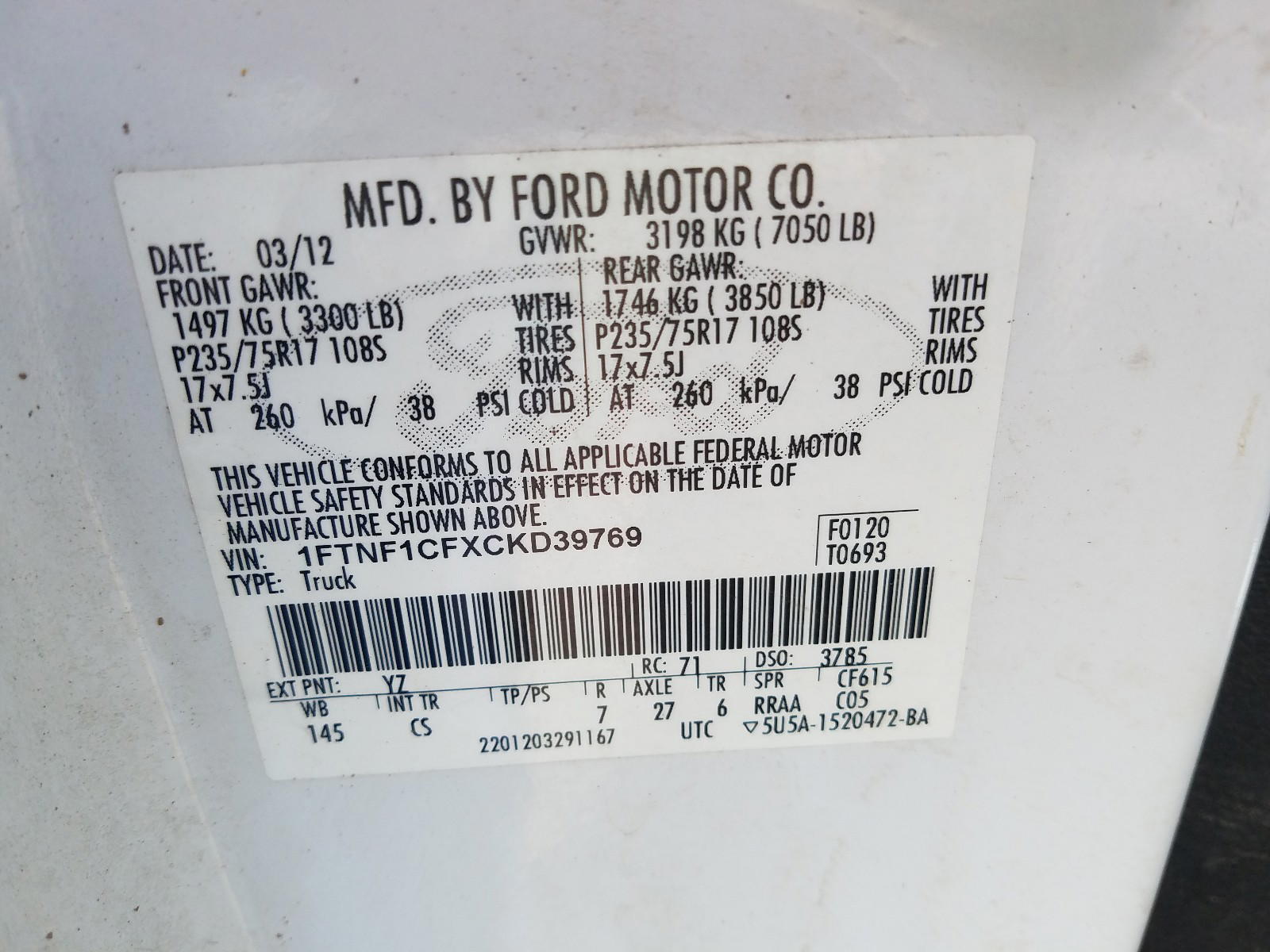 Photo 10 from auction – 2012 FORD F150 with VIN 1FTNF1CFXCKD39769