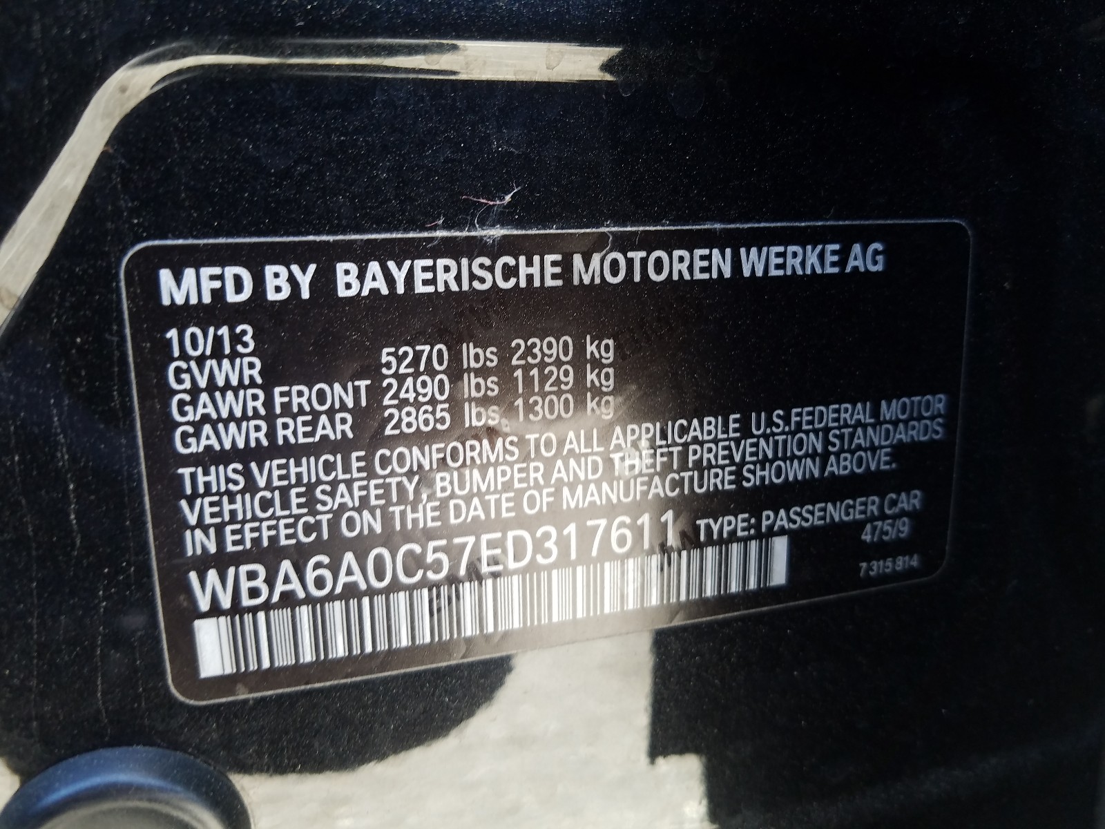 Photo 10 from auction – 2014 BMW 640 I GRAN with VIN WBA6A0C57ED317611