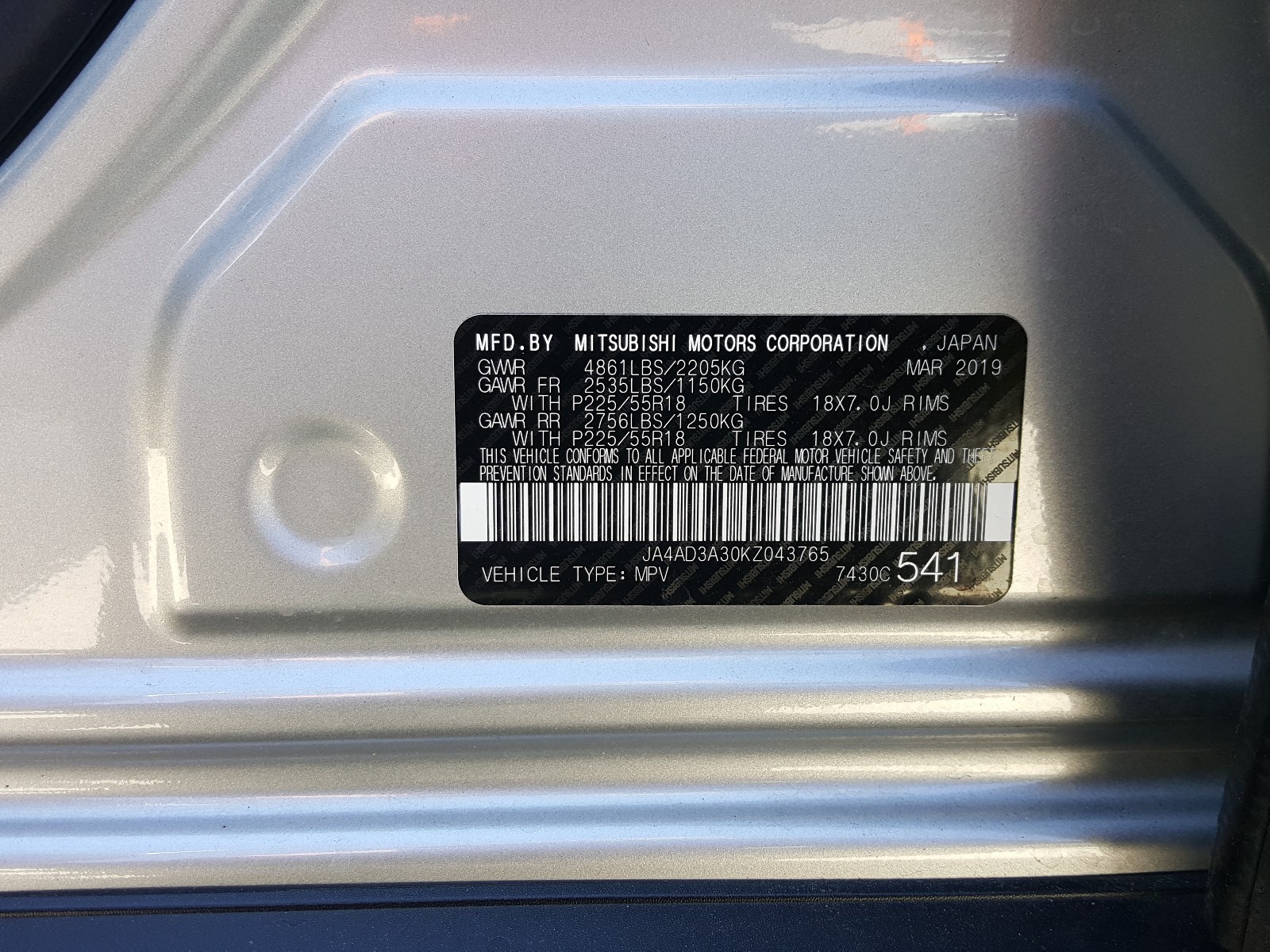 Photo 10 from auction – 2019 MITSUBISHI OUTLANDER with VIN JA4AD3A30KZ043765