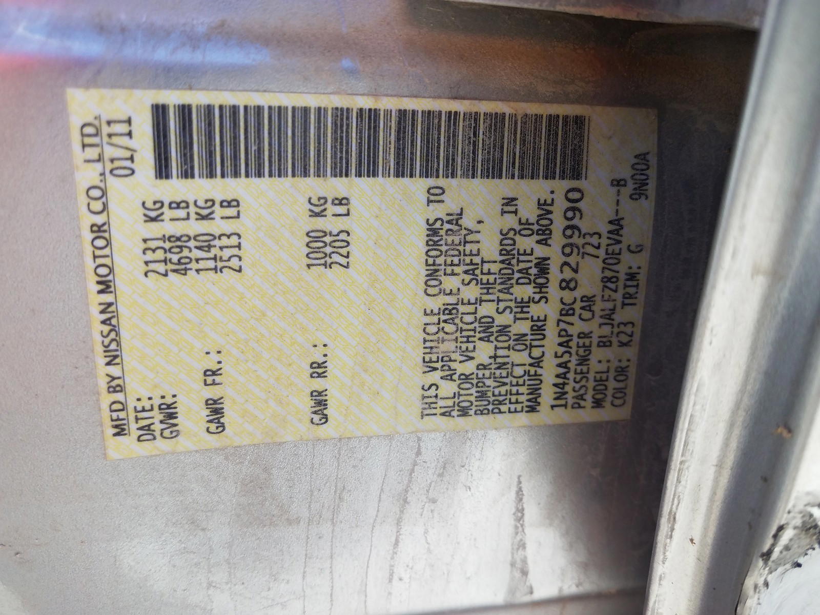 Photo 10 from auction – 2011 NISSAN MAXIMA S with VIN 1N4AA5AP7BC829990
