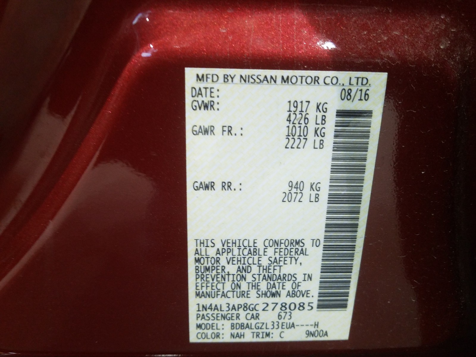 Photo 10 from auction – 2016 NISSAN ALTIMA 2.5 with VIN 1N4AL3AP8GC278085