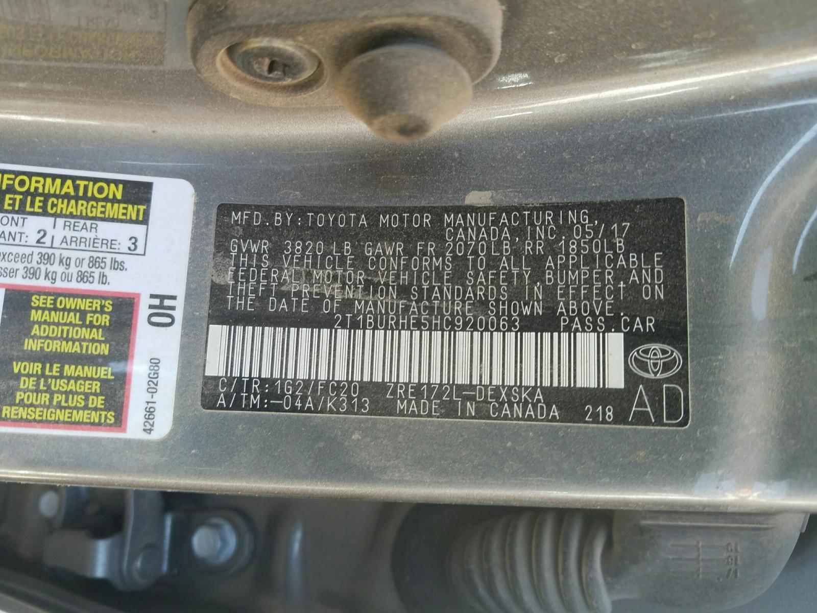 Photo 10 from auction – 2017 TOYOTA COROLLA L with VIN 2T1BURHE5HC920063