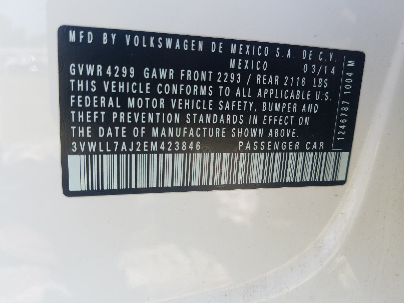 Photo 10 from auction – 2014 VOLKSWAGEN JETTA TDI with VIN 3VWLL7AJ2EM423846