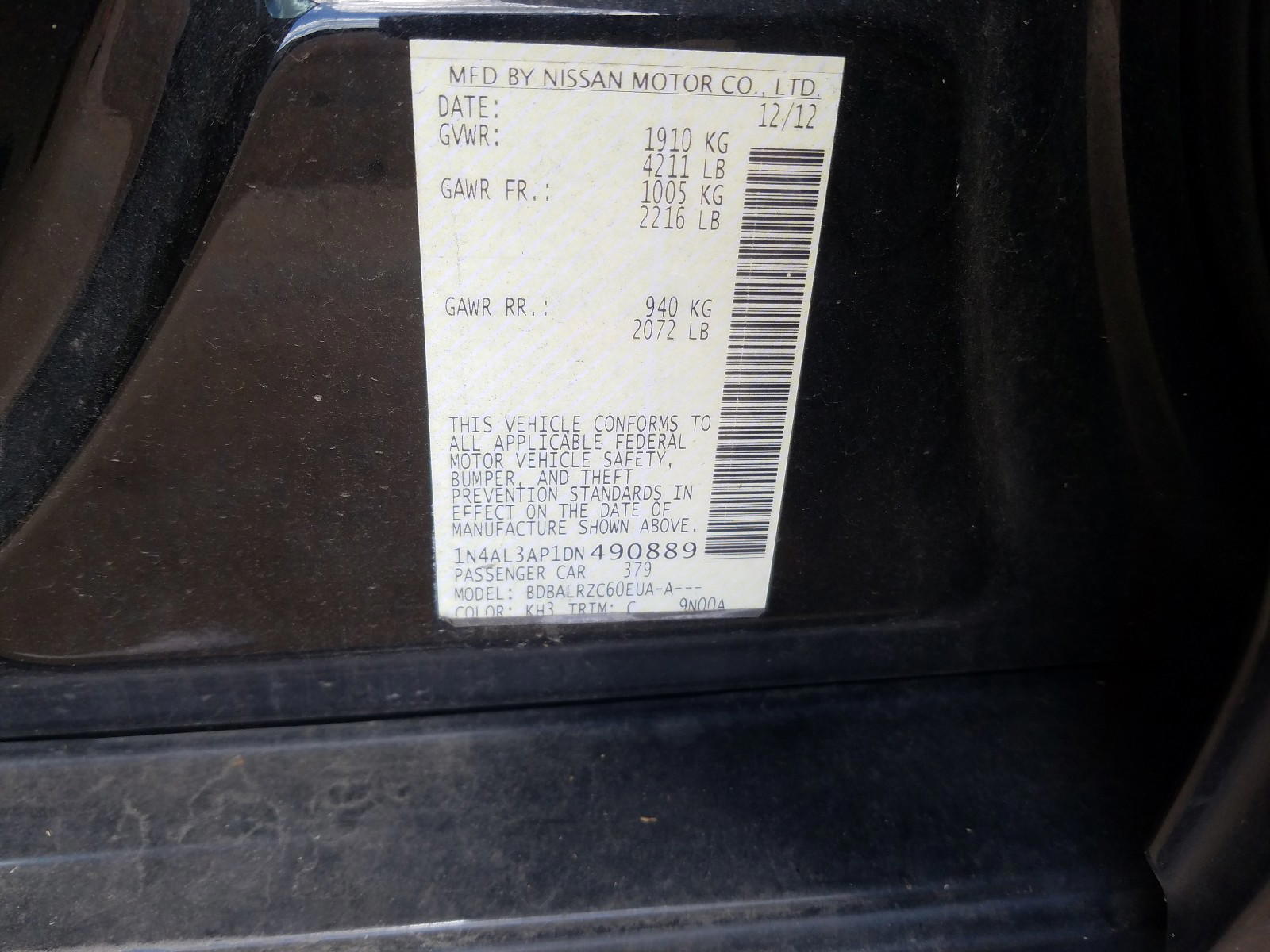 Photo 10 from auction – 2013 NISSAN ALTIMA 2.5 with VIN 1N4AL3AP1DN490889