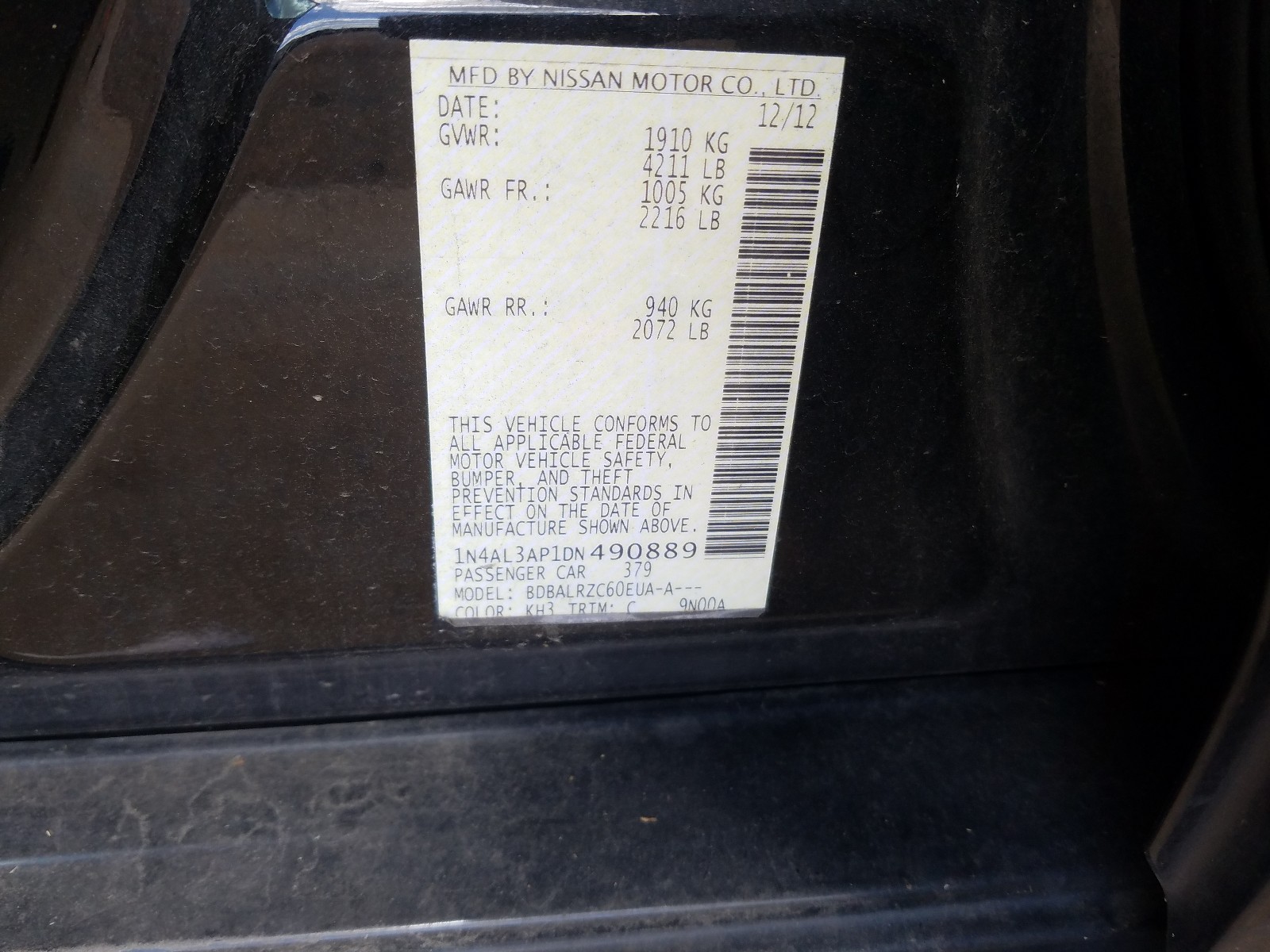 Foto 10 de la subasta – 2013 NISSAN ALTIMA 2.5 con VIN 1N4AL3AP1DN490889