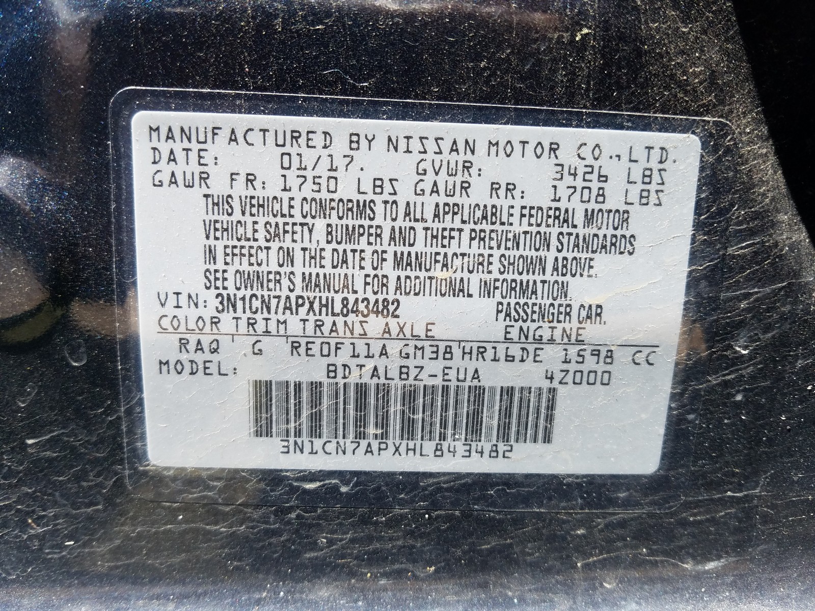 Photo 10 from auction – 2017 NISSAN VERSA S with VIN 3N1CN7APXHL843482