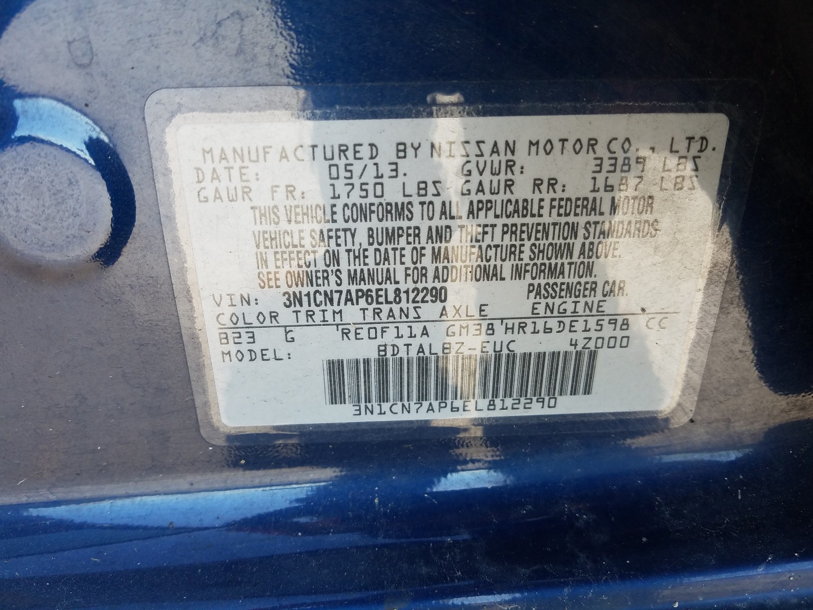 Photo 10 from auction – 2014 NISSAN VERSA S with VIN 3N1CN7AP6EL812290