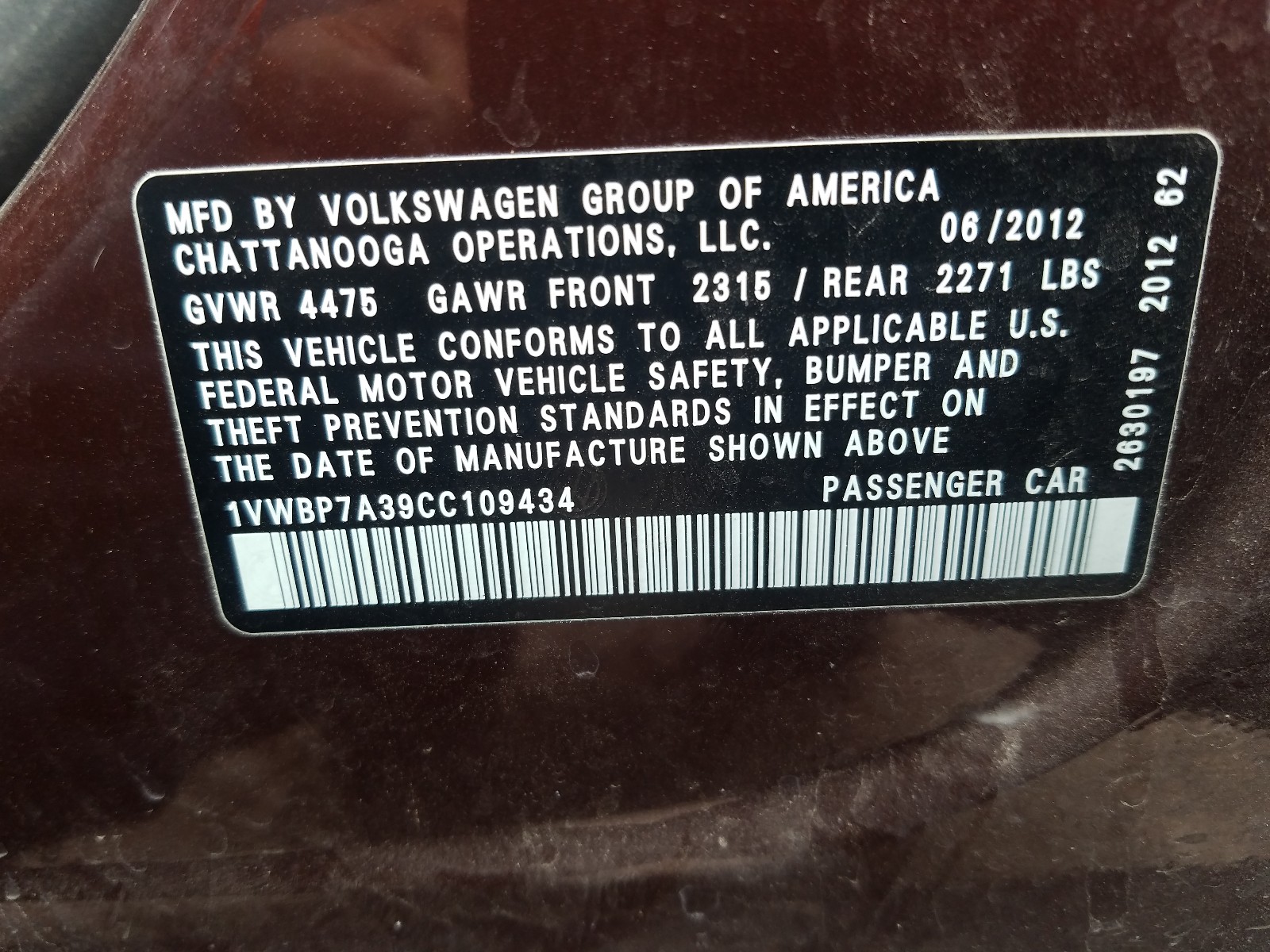 Photo 10 from auction – 2012 VOLKSWAGEN PASSAT SE with VIN 1VWBP7A39CC109434