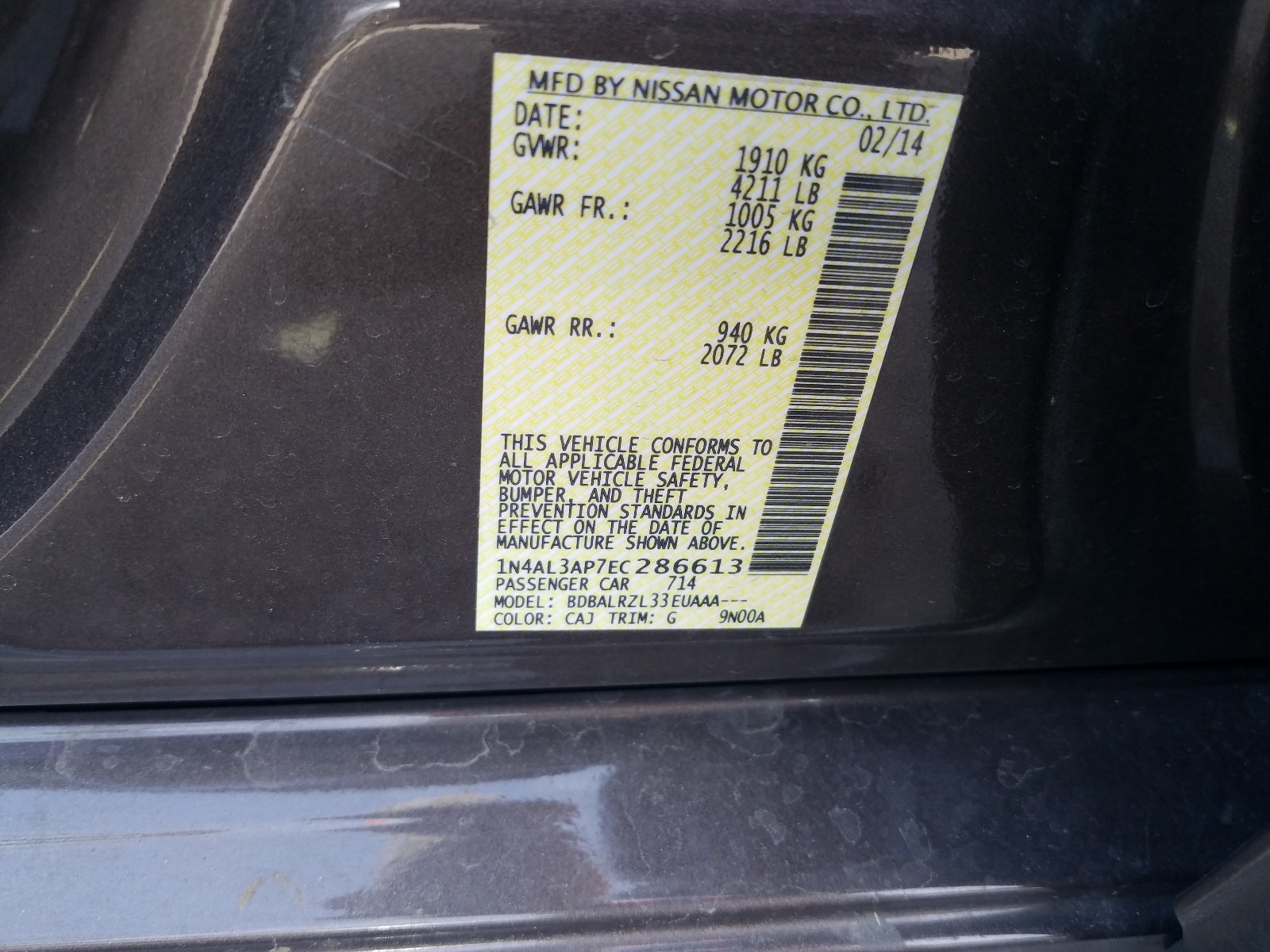 Photo 10 from auction – 2014 NISSAN ALTIMA 2.5 with VIN 1N4AL3AP7EC286613
