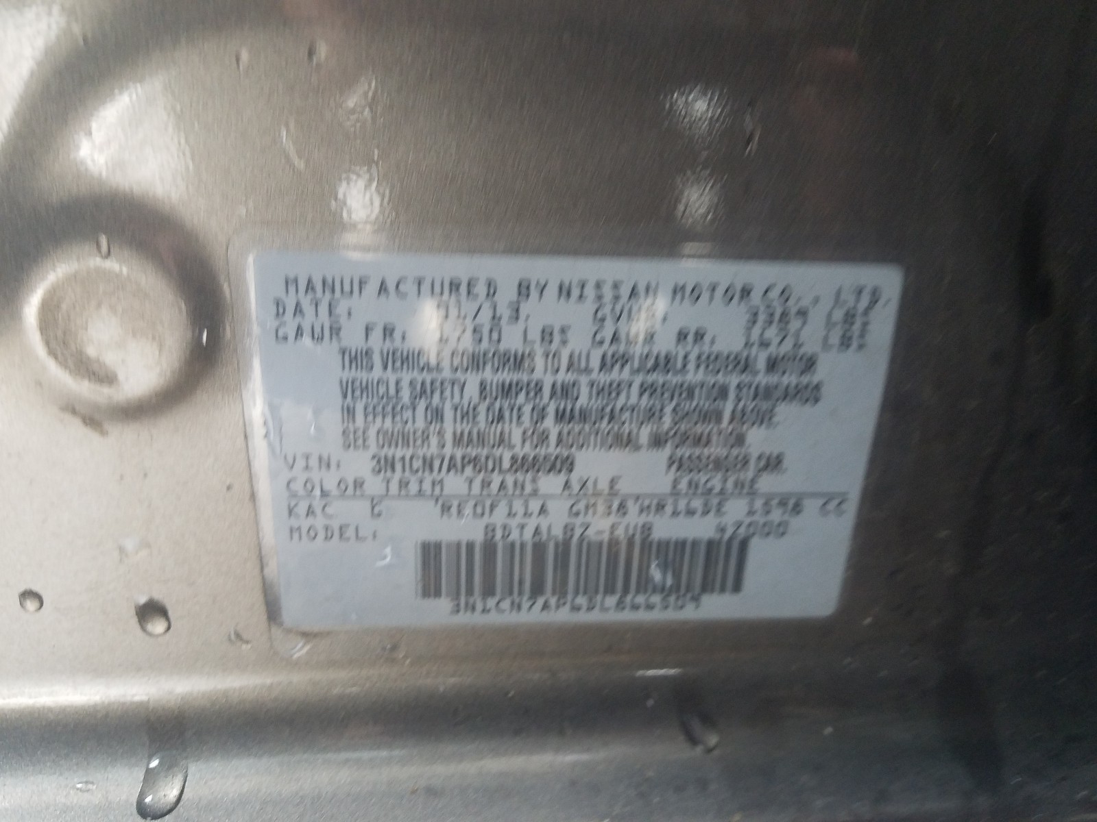 Photo 10 from auction – 2013 NISSAN VERSA S with VIN 3N1CN7AP6DL866509