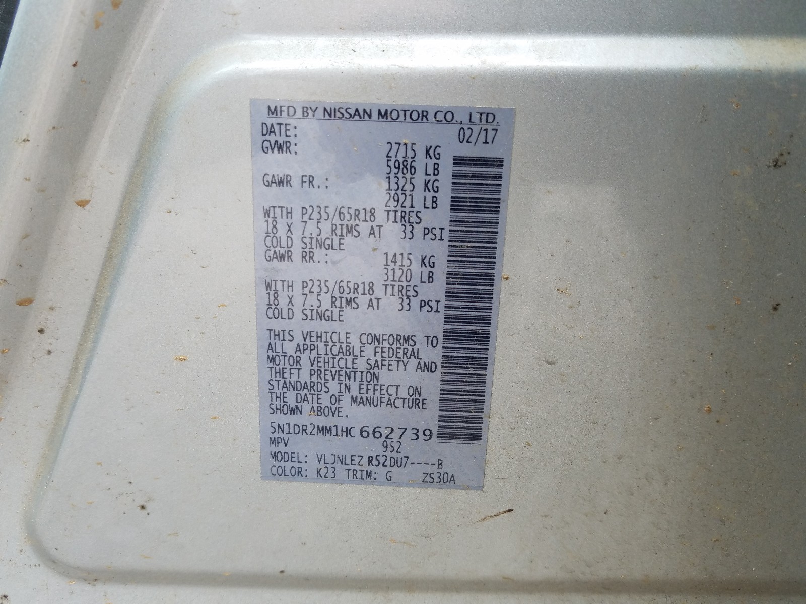 Photo 10 from auction – 2017 NISSAN PATHFINDER with VIN 5N1DR2MM1HC662739
