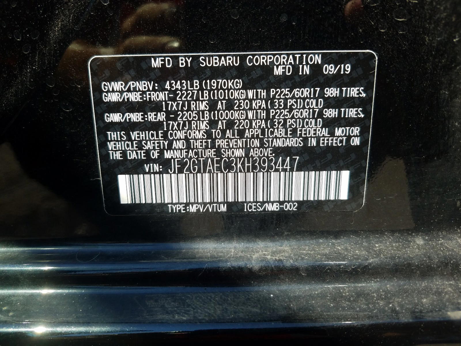 Photo 10 from auction – 2019 SUBARU CROSSTREK with VIN JF2GTAEC3KH393447