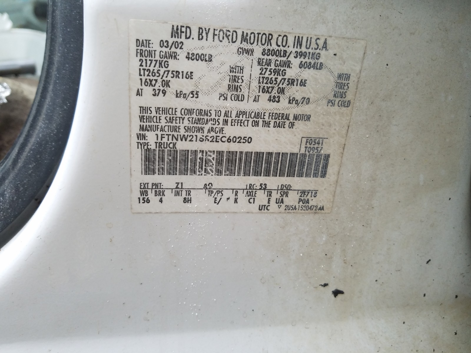 Photo 10 from auction – 2002 FORD F250 SUPER with VIN 1FTNW21S82EC60250