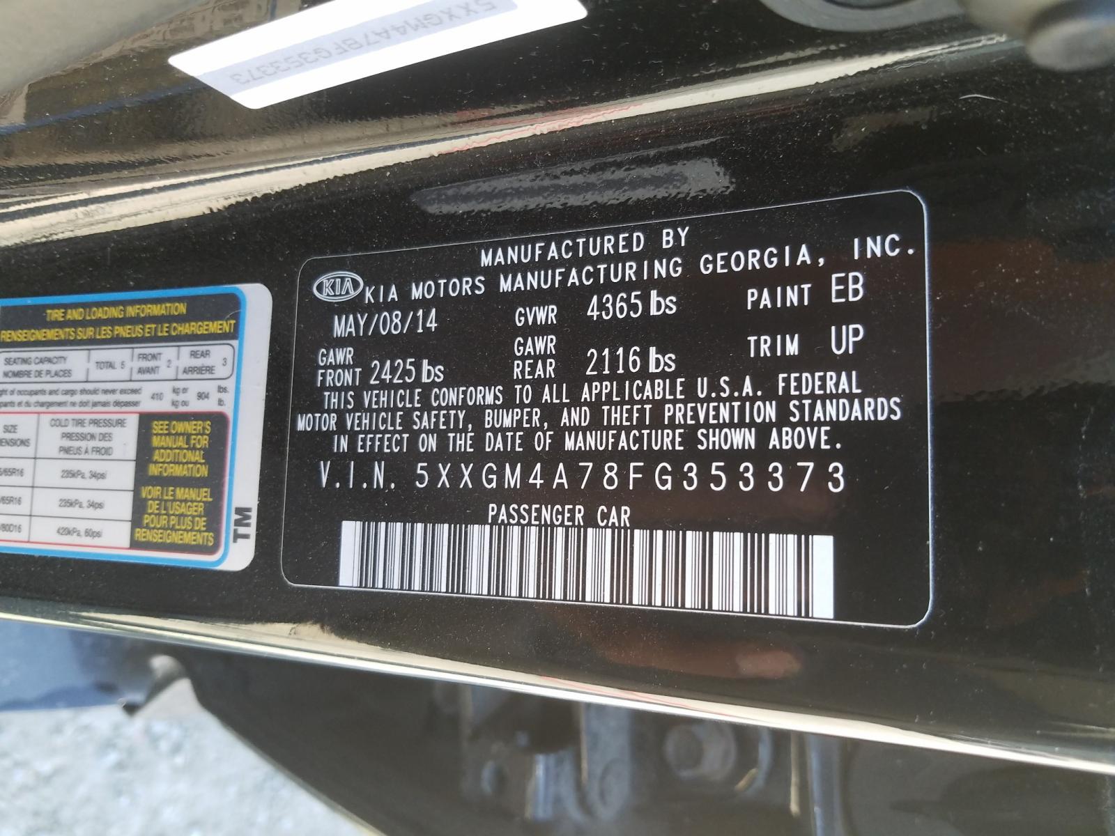 Photo 10 from auction – 2015 KIA OPTIMA LX with VIN 5XXGM4A78FG353373
