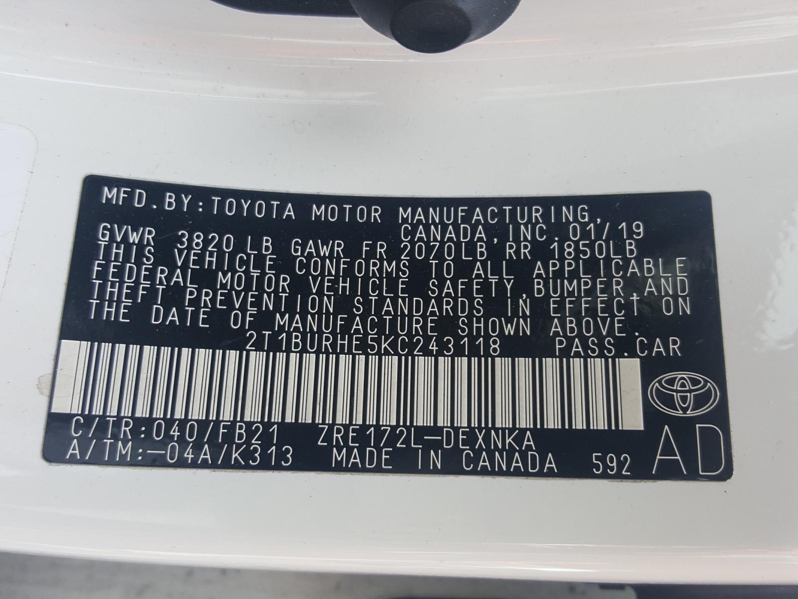 Photo 10 from auction – 2019 TOYOTA COROLLA L with VIN 2T1BURHE5KC243118