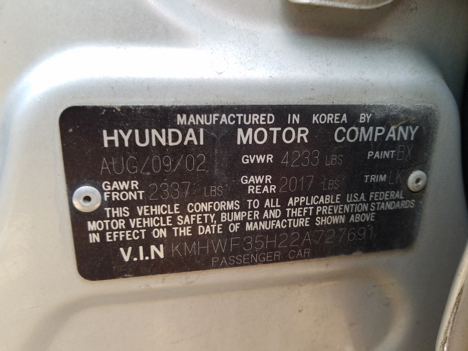 Photo 10 from auction – 2002 HYUNDAI SONATA GLS with VIN KMHWF35H22A727691