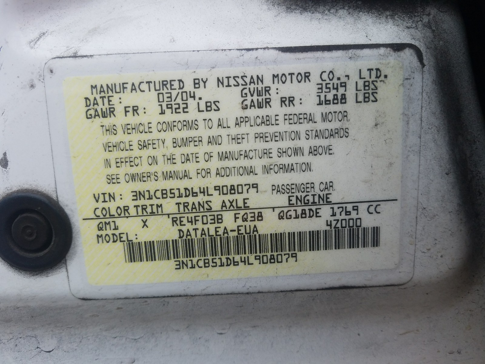 Photo 10 from auction – 2004 NISSAN SENTRA 1.8 with VIN 3N1CB51D64L908079