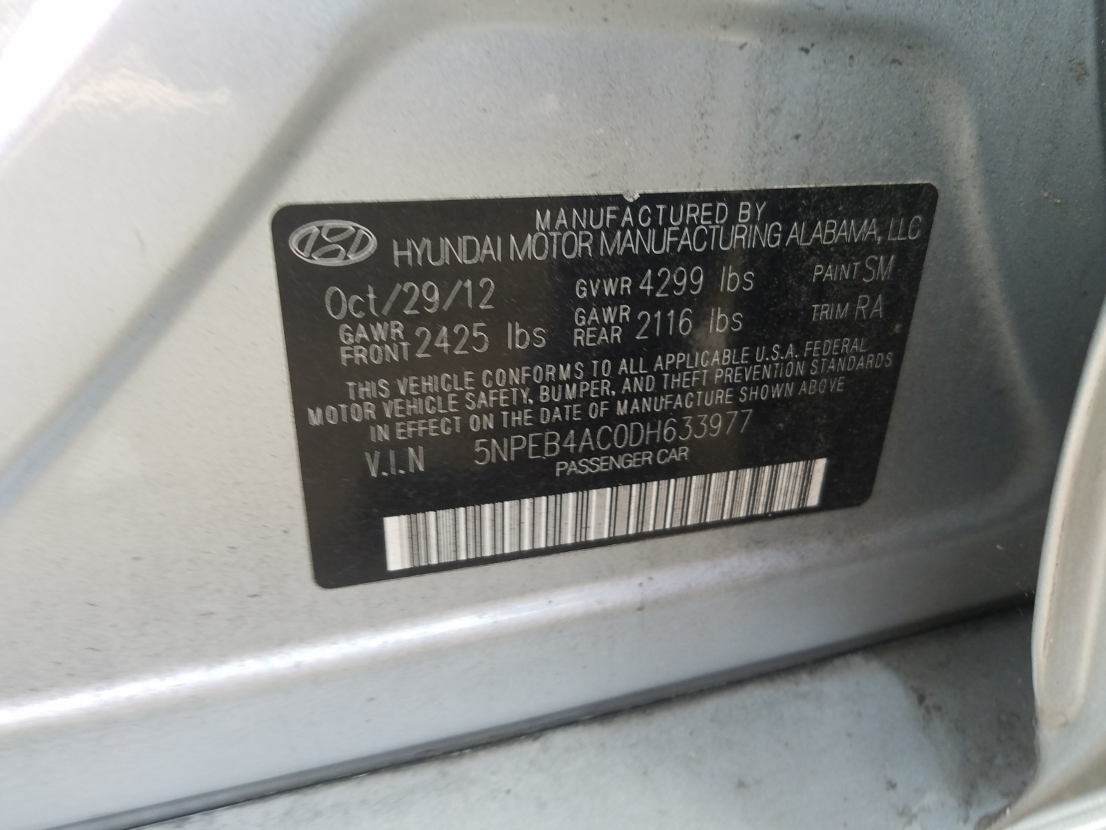 Photo 10 from auction – 2013 HYUNDAI SONATA GLS with VIN 5NPEB4AC0DH633977