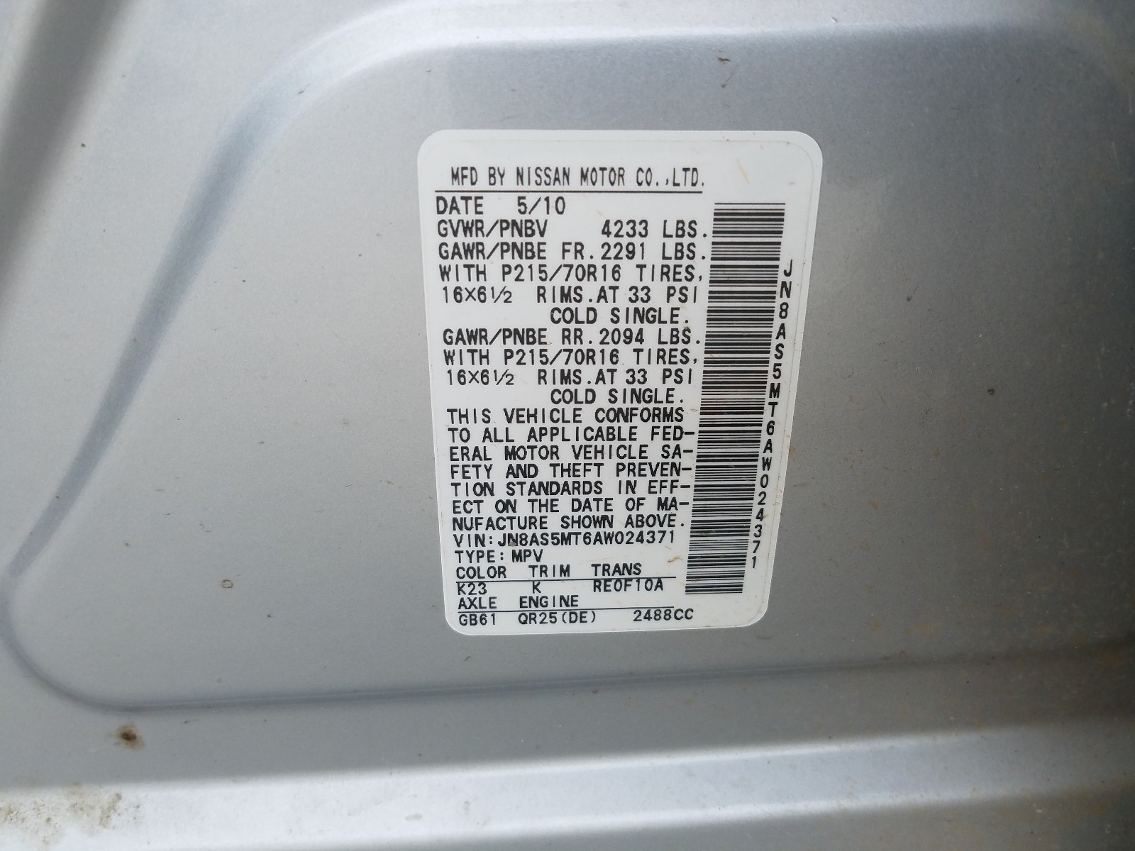Photo 10 from auction – 2010 NISSAN ROGUE S with VIN JN8AS5MT6AW024371
