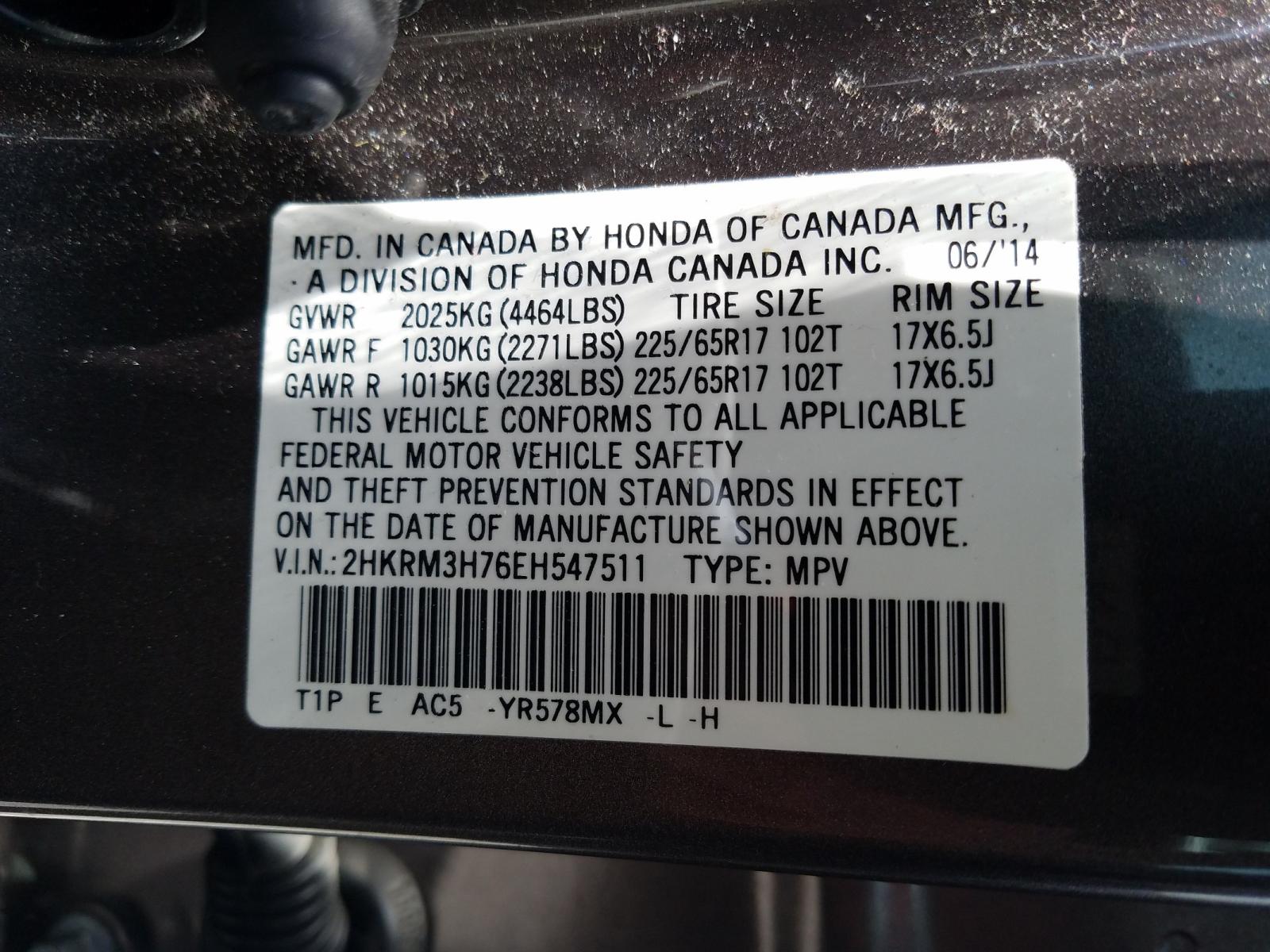 Photo 10 from auction – 2014 HONDA CR-V EXL with VIN 2HKRM3H76EH547511