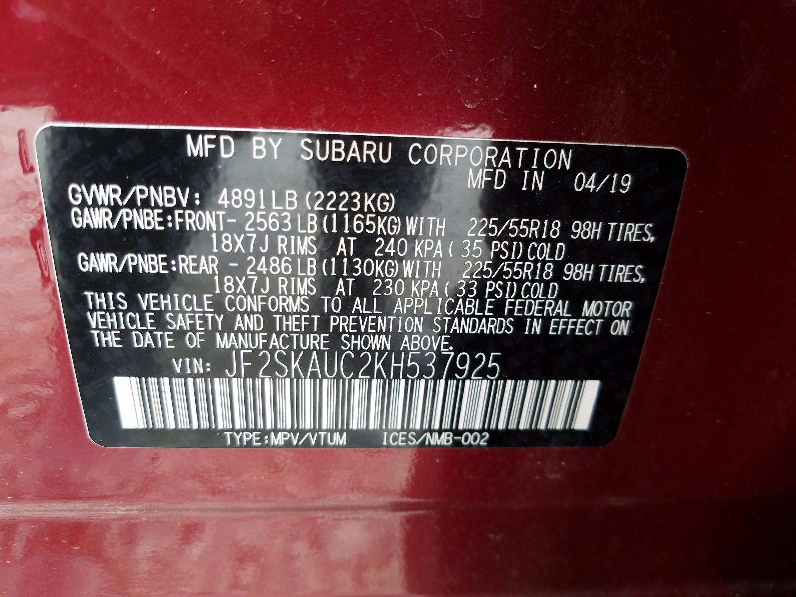 Photo 10 from auction – 2019 SUBARU FORESTER L with VIN JF2SKAUC2KH537925
