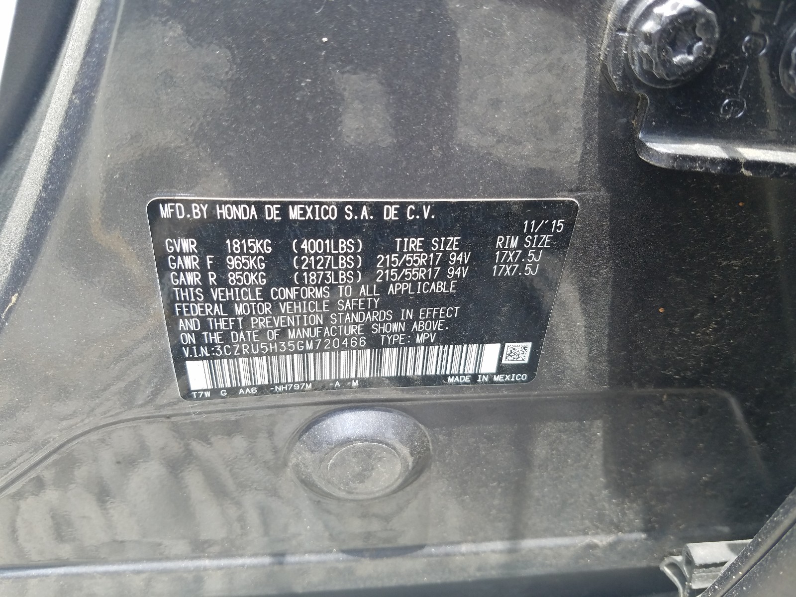 Photo 10 from auction – 2016 HONDA HR-V LX with VIN 3CZRU5H35GM720466