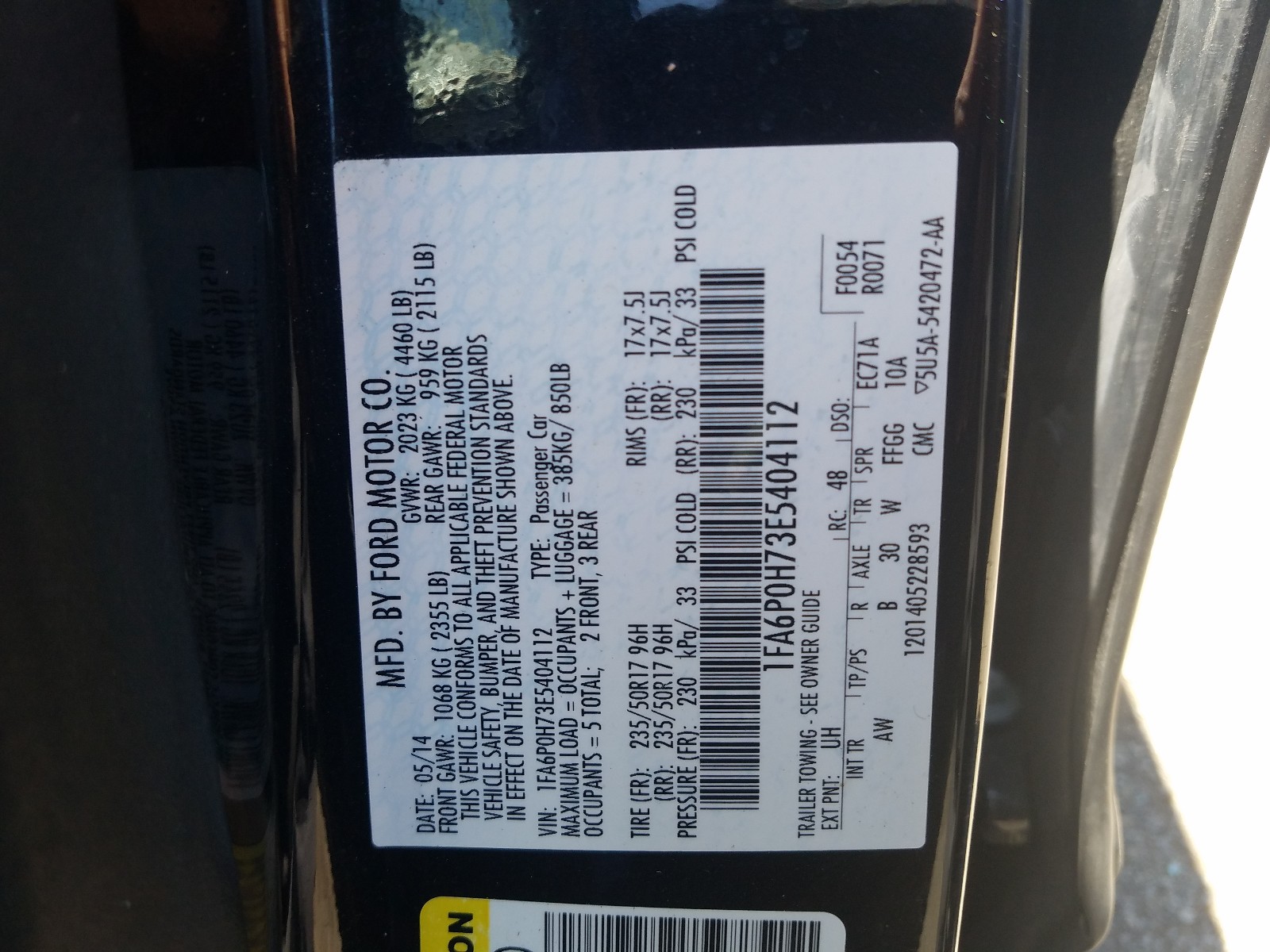Photo 10 from auction – 2014 FORD FUSION SE with VIN 1FA6P0H73E5404112