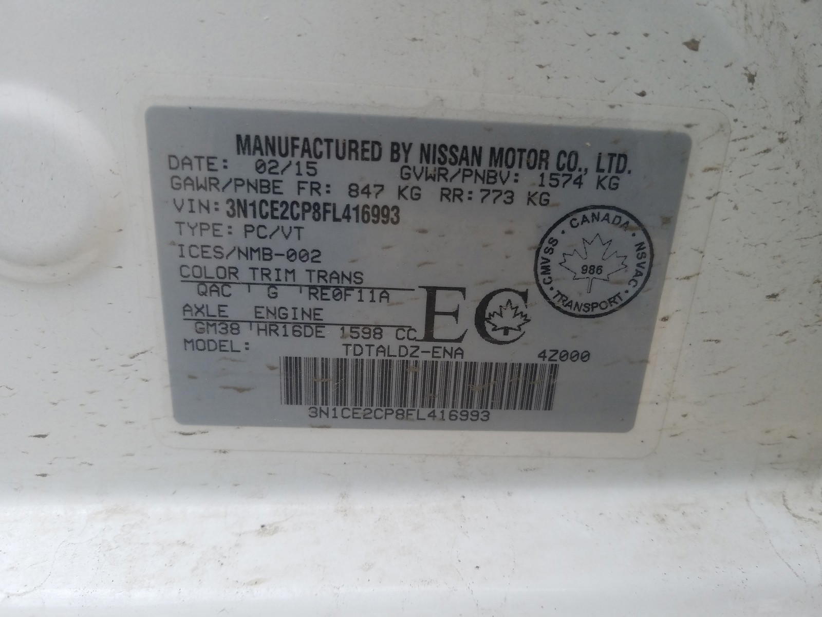Photo 10 from auction – 2015 NISSAN VERSA NOTE with VIN 3N1CE2CP8FL416993