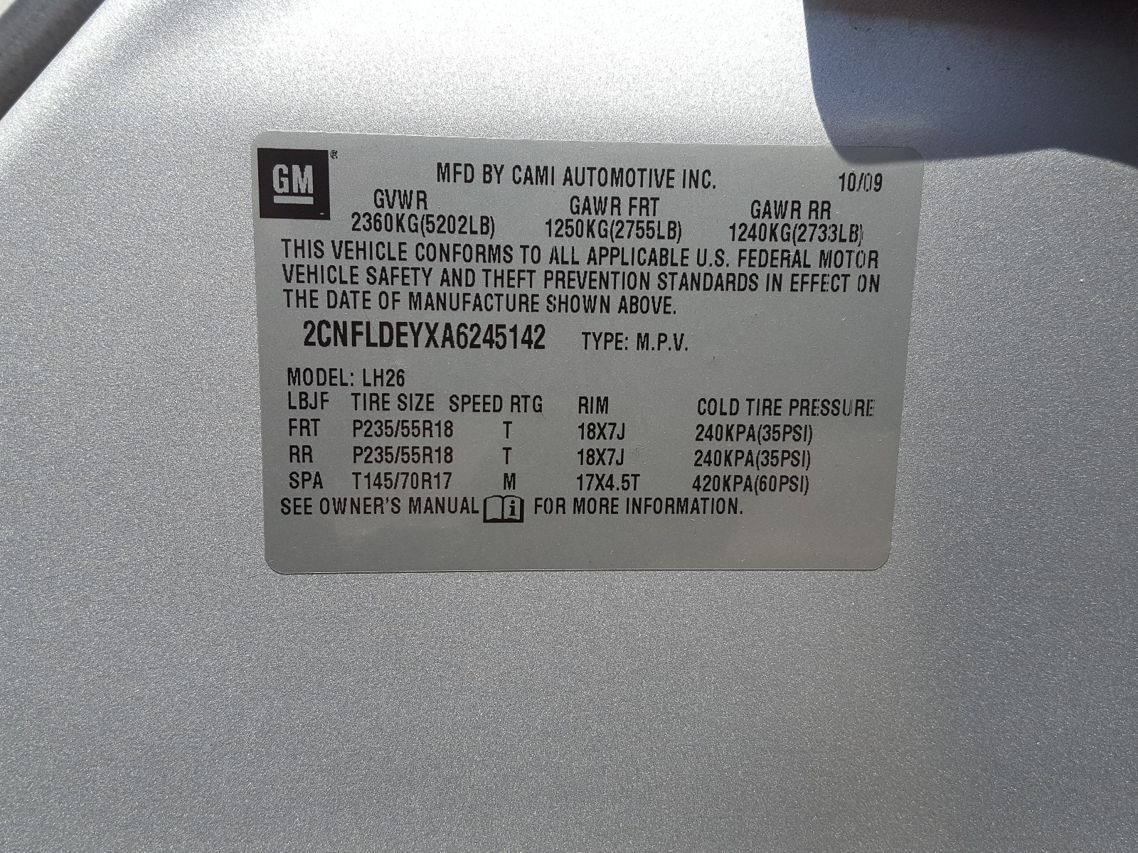 Photo 10 from auction – 2010 CHEVROLET EQUINOX LT with VIN 2CNFLDEYXA6245142