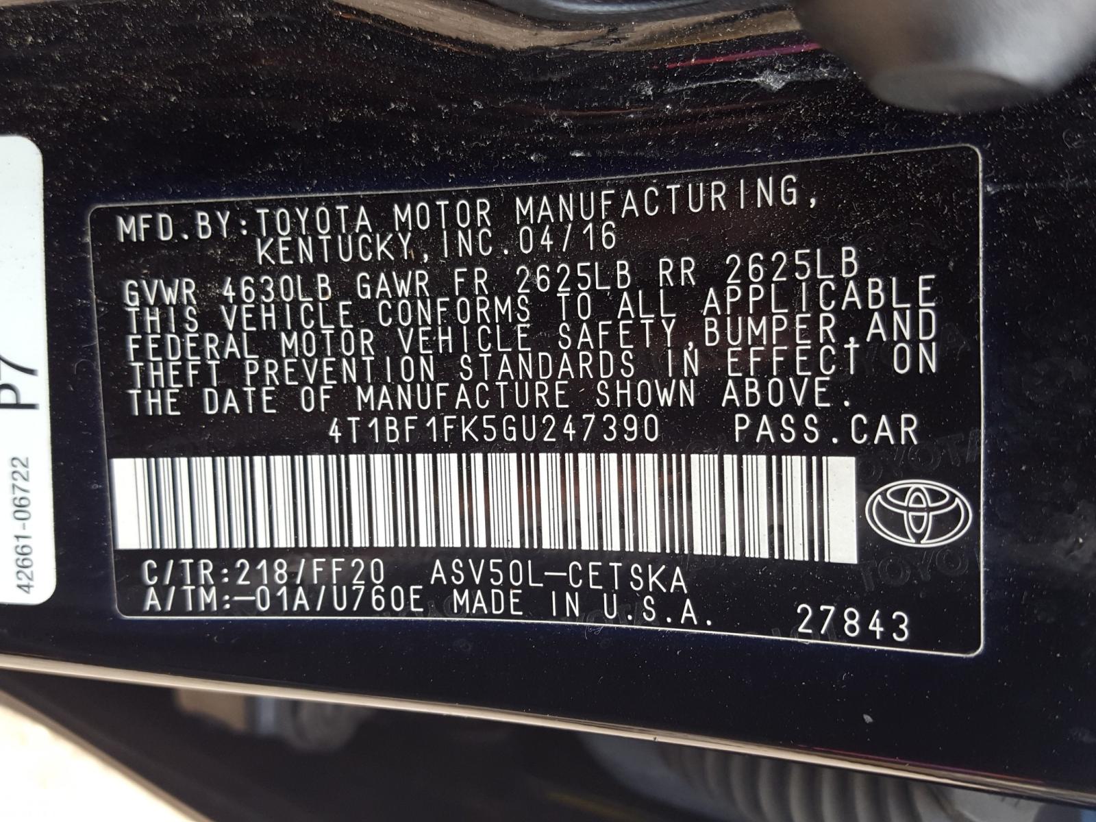 Photo 10 from auction – 2016 TOYOTA CAMRY LE with VIN 4T1BF1FK5GU247390
