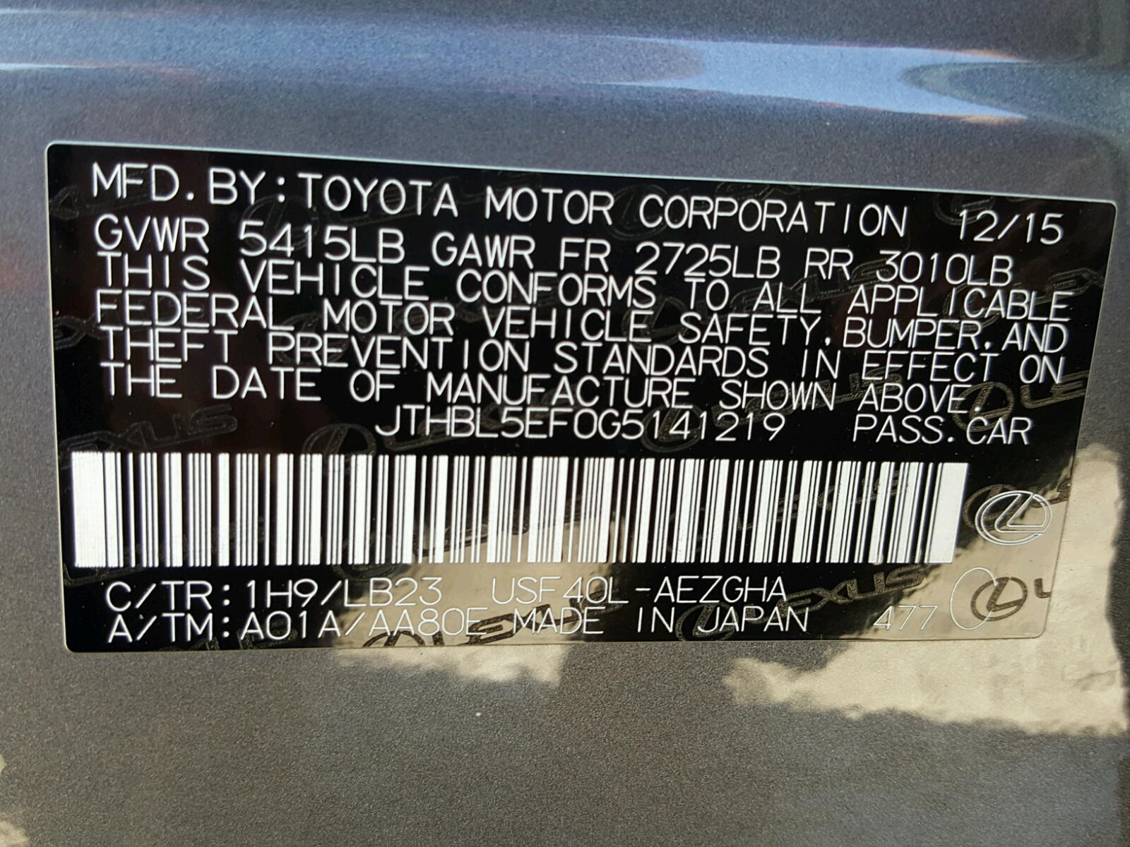 Photo 10 from auction – 2016 LEXUS LS 460 with VIN JTHBL5EF0G5141219