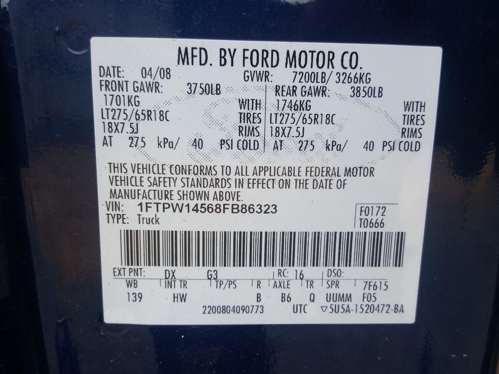 Photo 10 from auction – 2008 FORD F150 SUPER with VIN 1FTPW14568FB86323