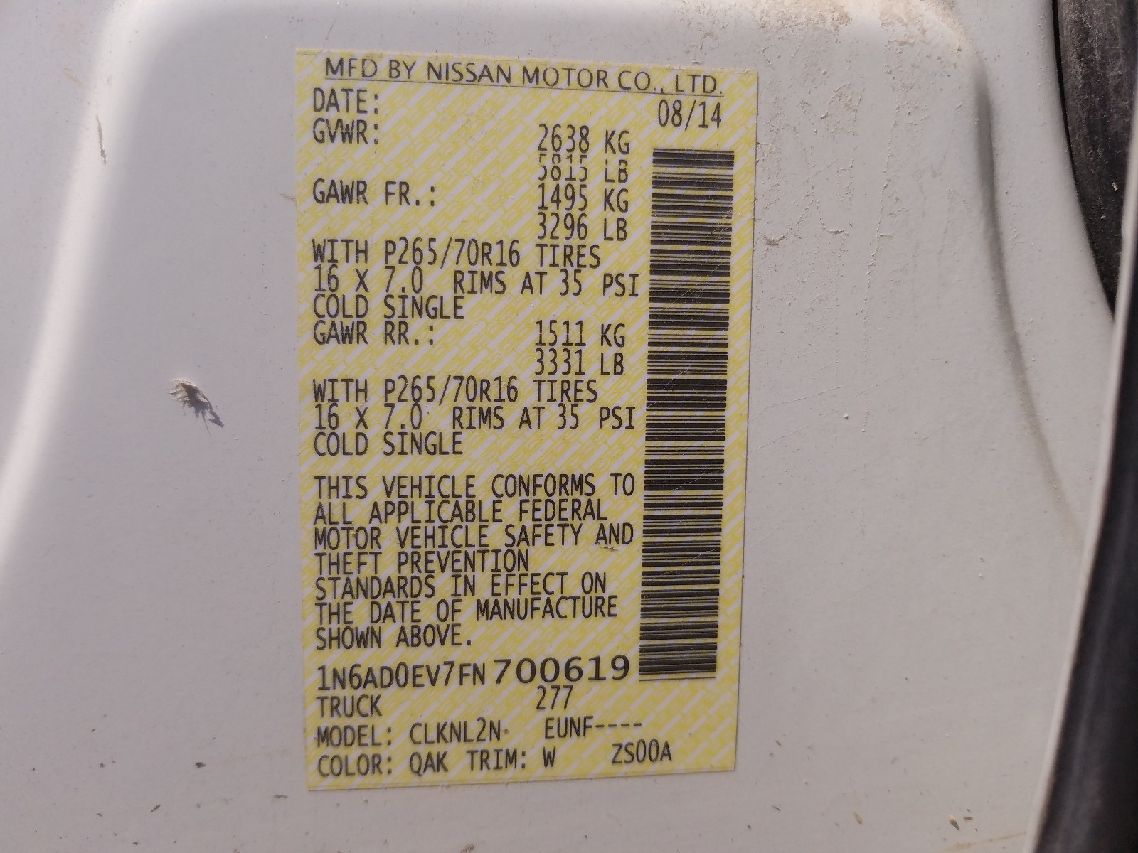 Photo 10 from auction – 2015 NISSAN FRONTIER S with VIN 1N6AD0EV7FN700619
