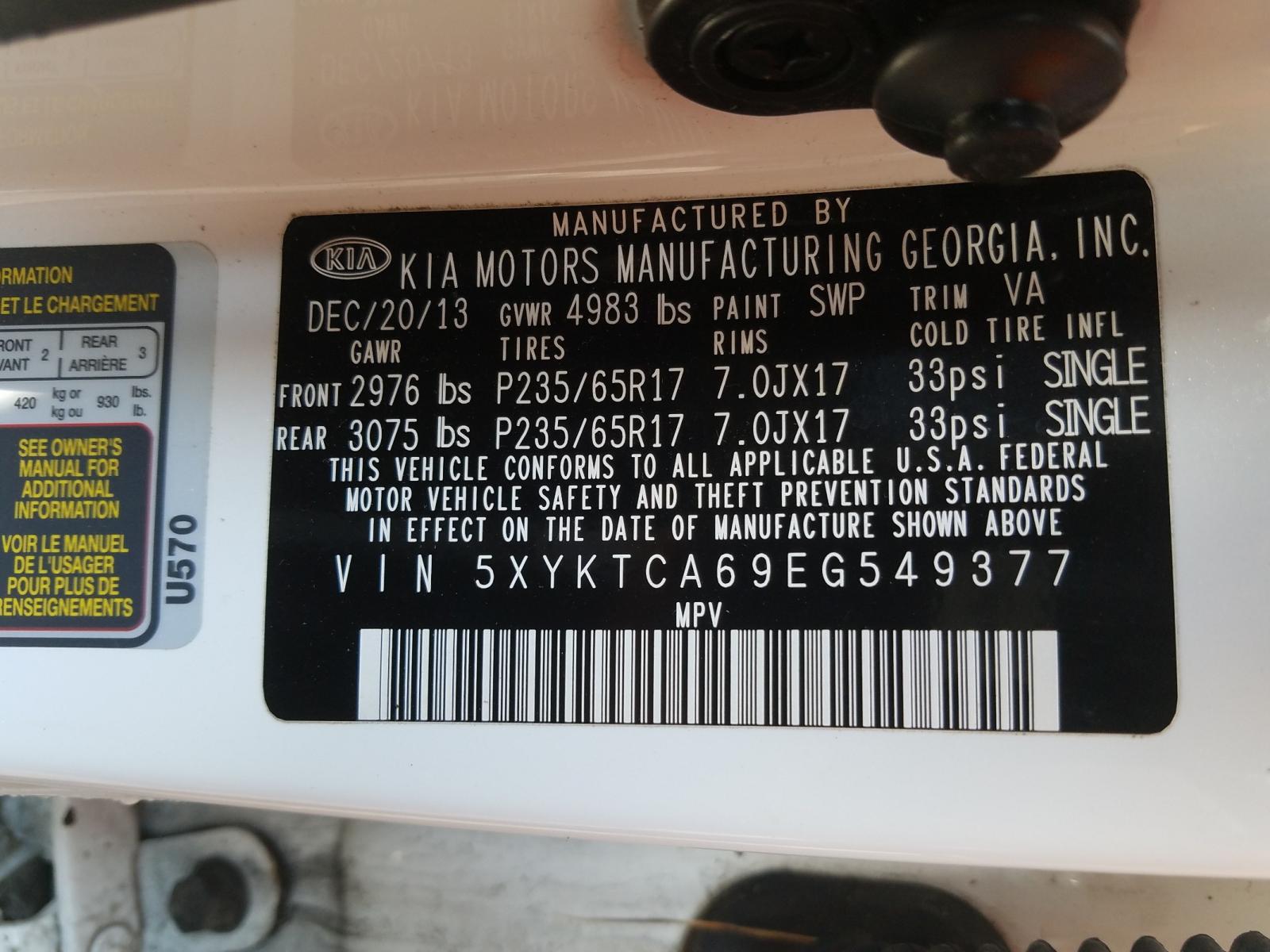 Photo 10 from auction – 2014 KIA SORENTO LX with VIN 5XYKTCA69EG549377