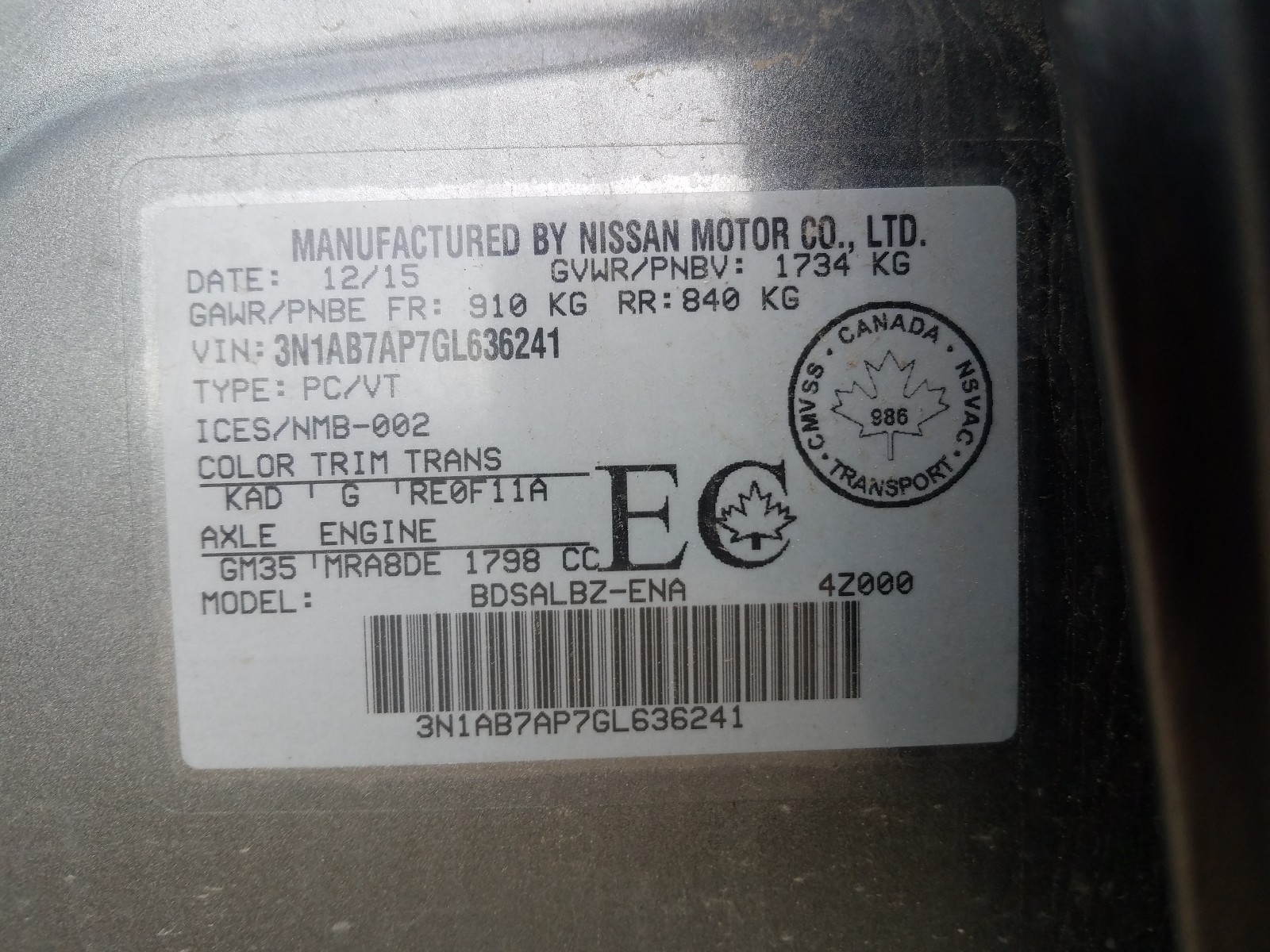 Photo 10 from auction – 2016 NISSAN SENTRA S with VIN 3N1AB7AP7GL636241