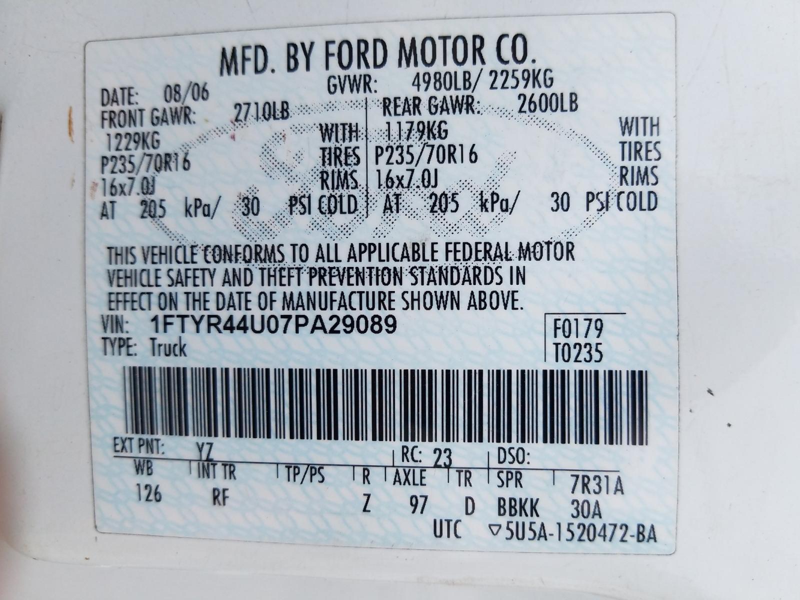 Photo 10 from auction – 2007 FORD RANGER SUP with VIN 1FTYR44U07PA29089
