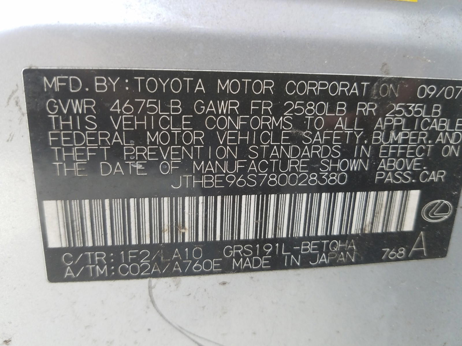 Photo 10 from auction – 2008 LEXUS GS 350 with VIN JTHBE96S780028380