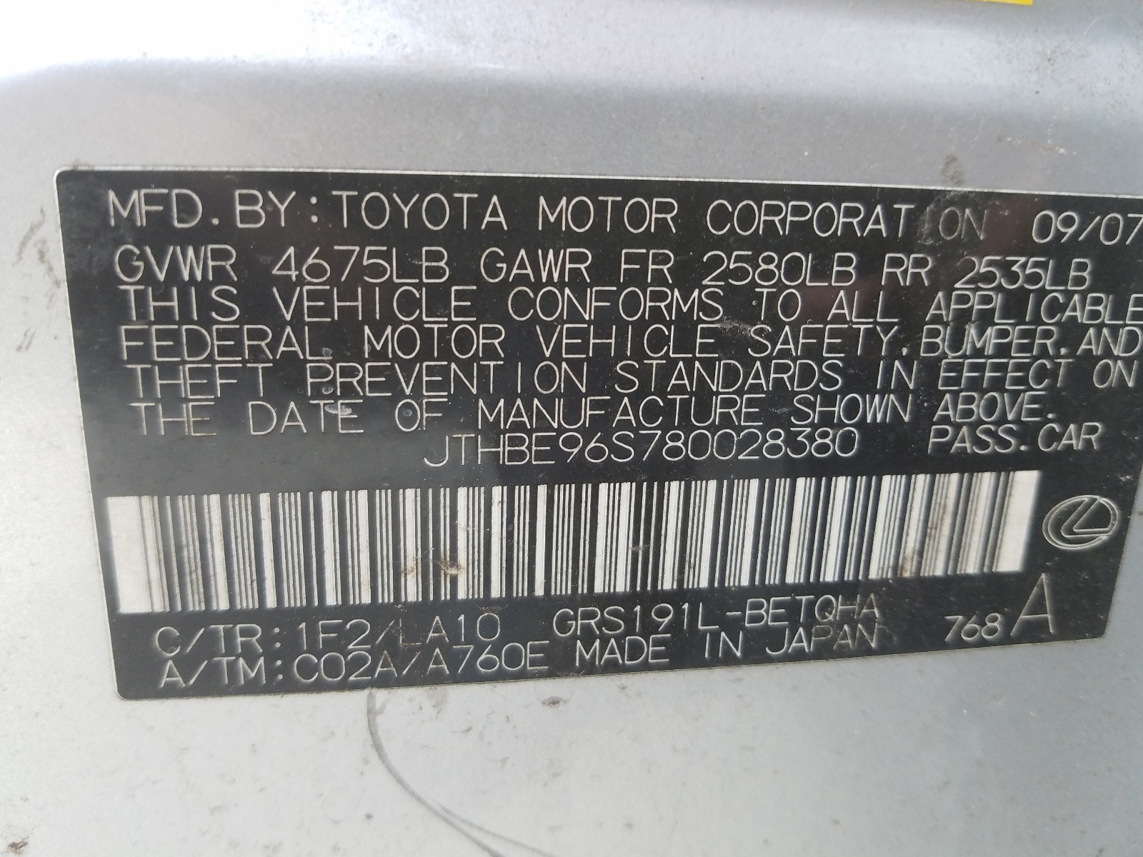 Zdjęcie 10 z aukcji – 2008 LEXUS GS 350 z VIN JTHBE96S780028380