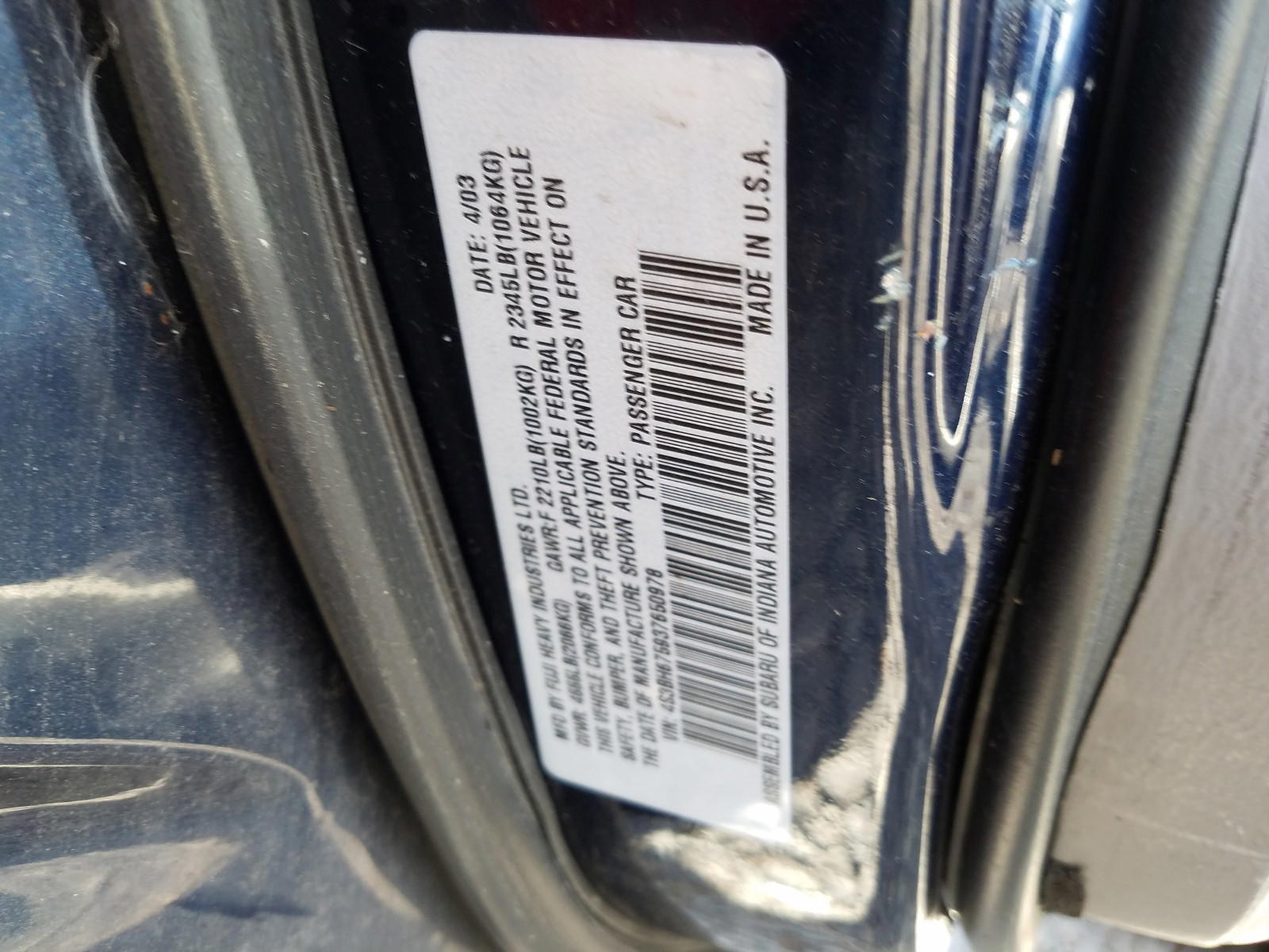 Photo 10 from auction – 2003 SUBARU LEGACY OUT with VIN 4S3BH675937650978