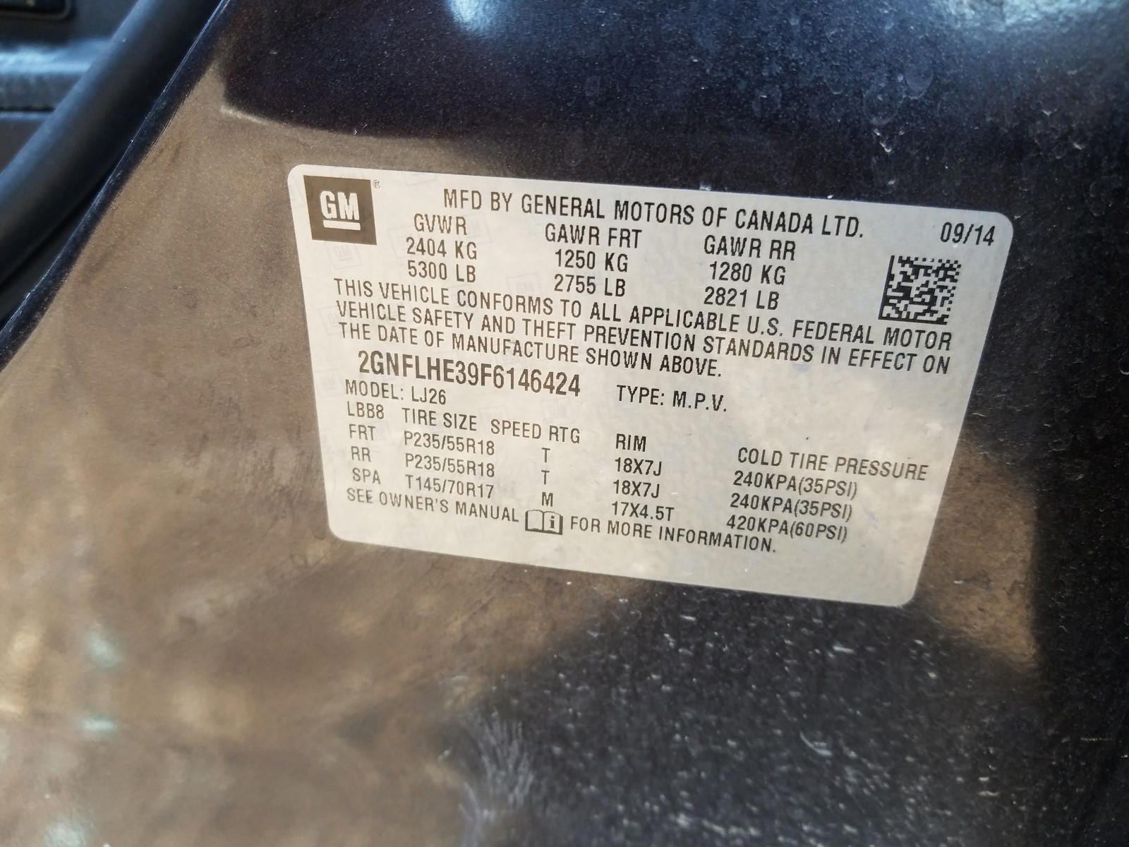 Photo 10 from auction – 2015 CHEVROLET EQUINOX LT with VIN 2GNFLHE39F6146424