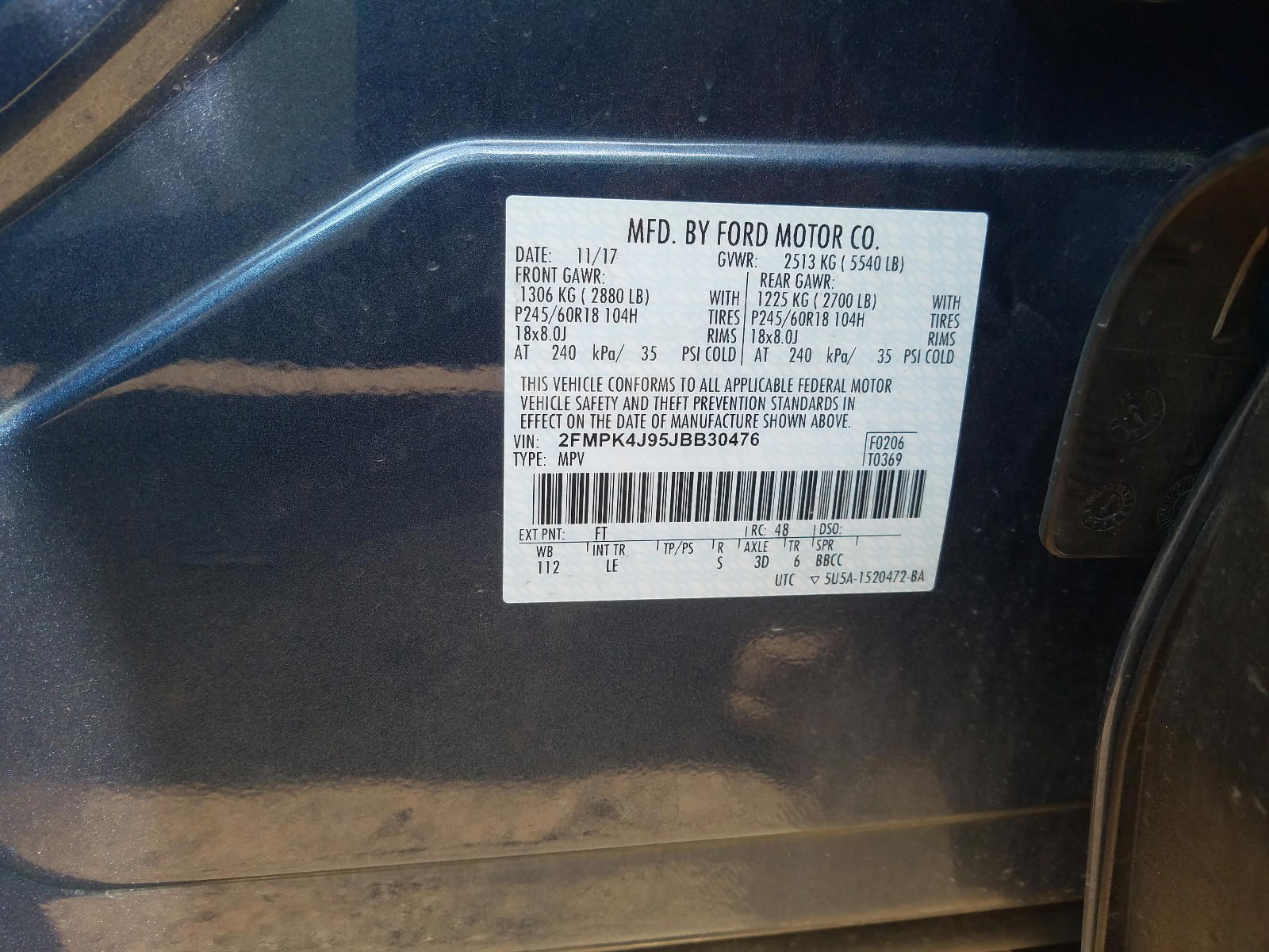 Photo 10 from auction – 2018 FORD EDGE SEL with VIN 2FMPK4J95JBB30476