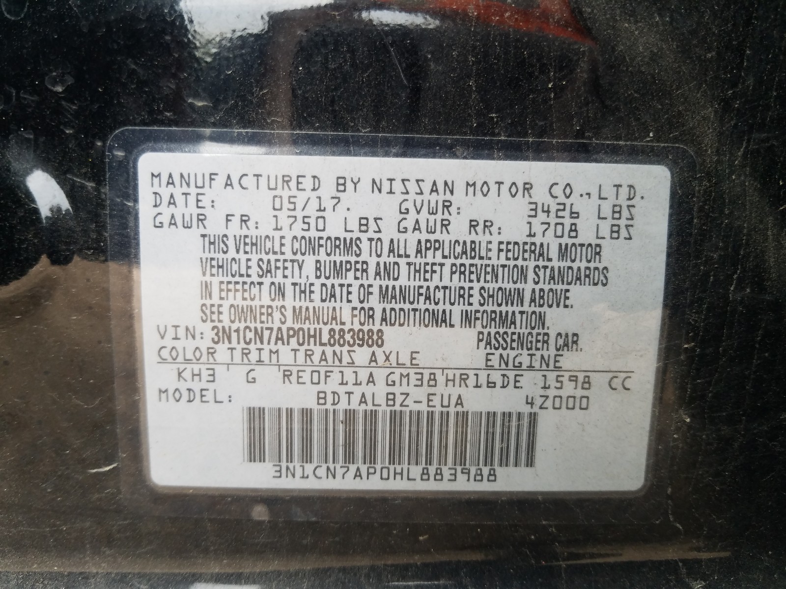 Photo 10 from auction – 2017 NISSAN VERSA S with VIN 3N1CN7AP0HL883988