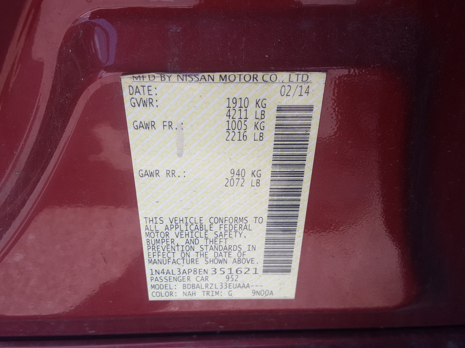 Photo 10 from auction – 2014 NISSAN ALTIMA 2.5 with VIN 1N4AL3AP8EN351621