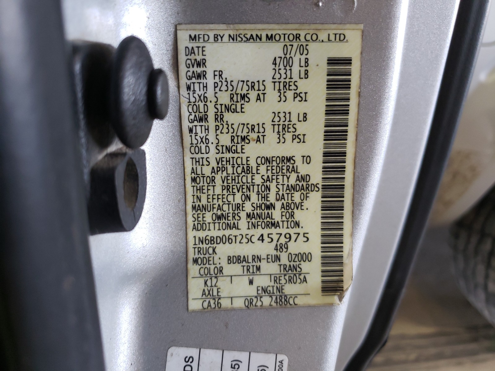Photo 10 from auction – 2005 NISSAN FRONTIER K with VIN 1N6BD06T25C457975