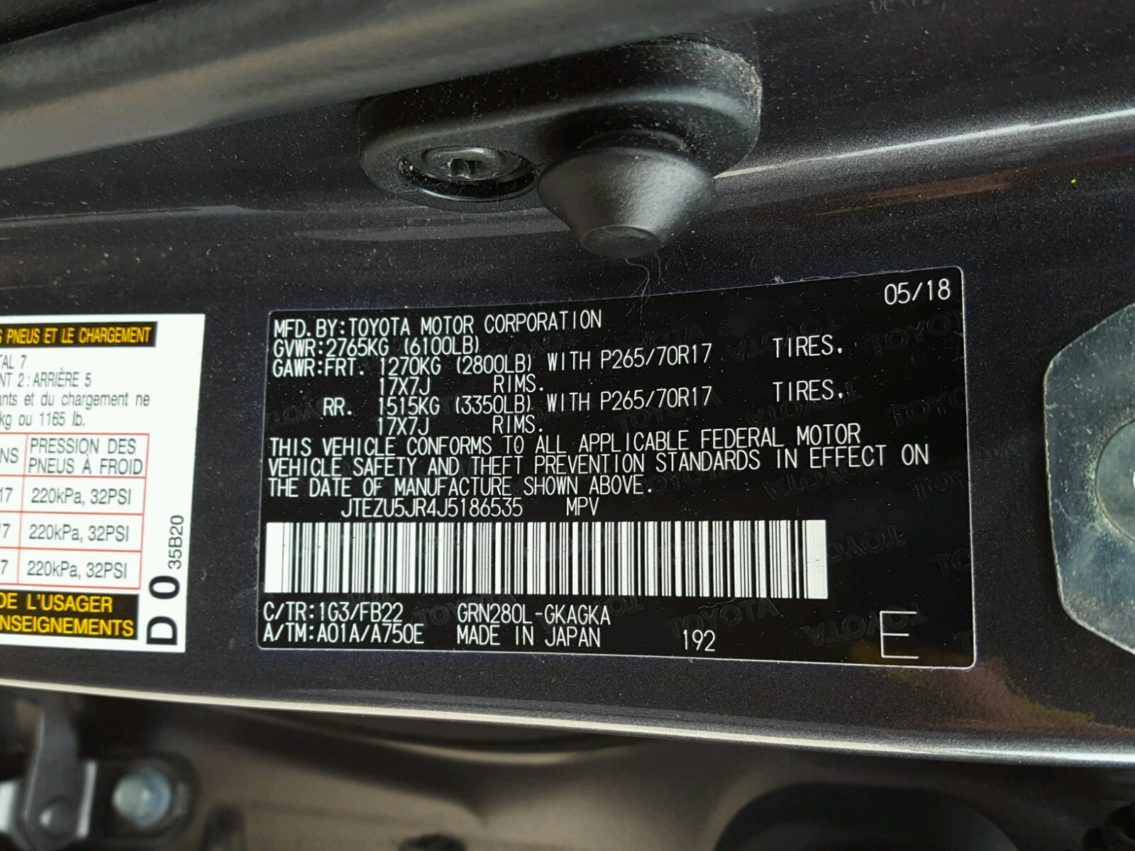 Photo 10 from auction – 2018 TOYOTA 4RUNNER SR with VIN JTEZU5JR4J5186535