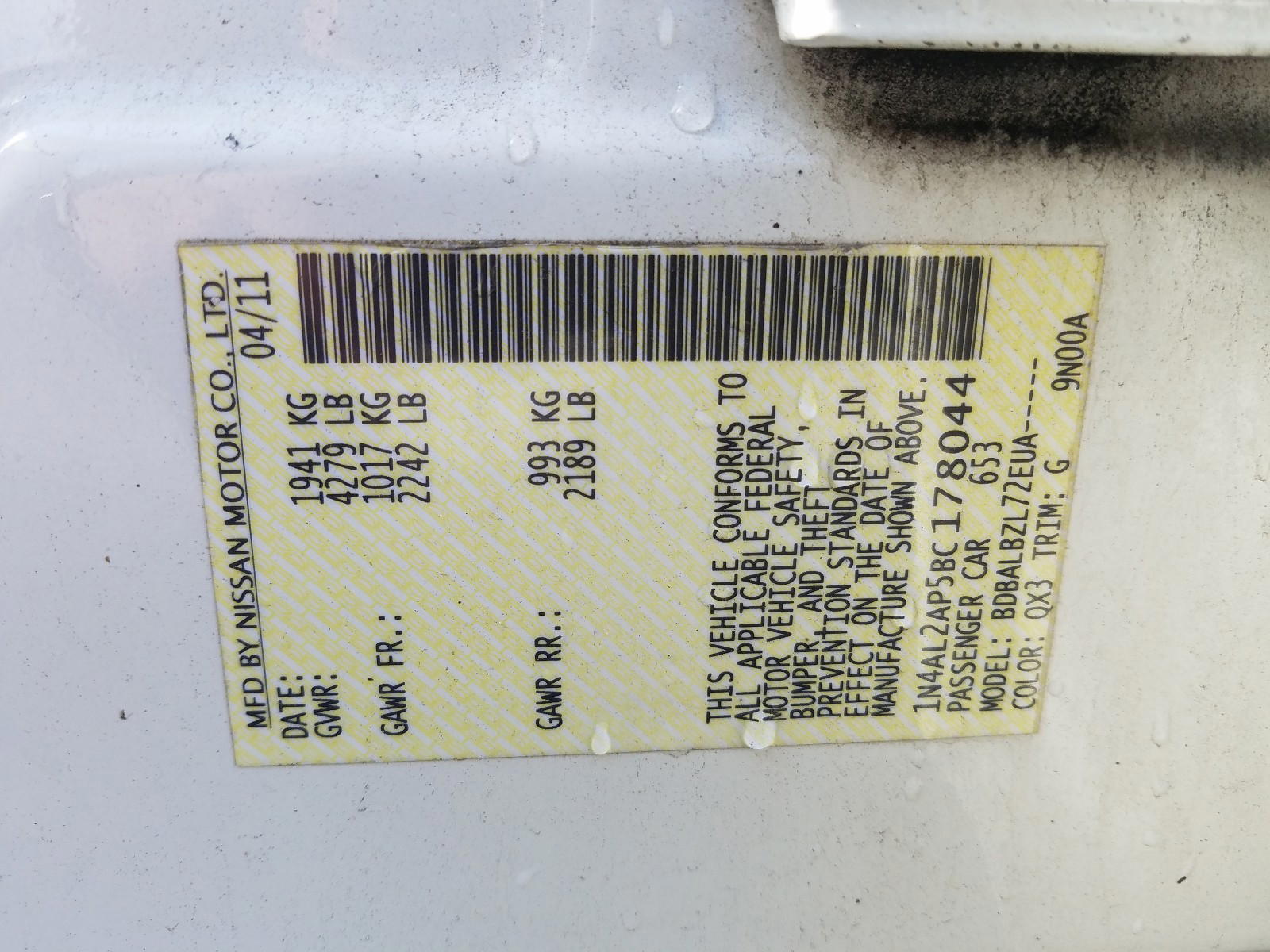 Photo 10 from auction – 2011 NISSAN ALTIMA BAS with VIN 1N4AL2AP5BC178044
